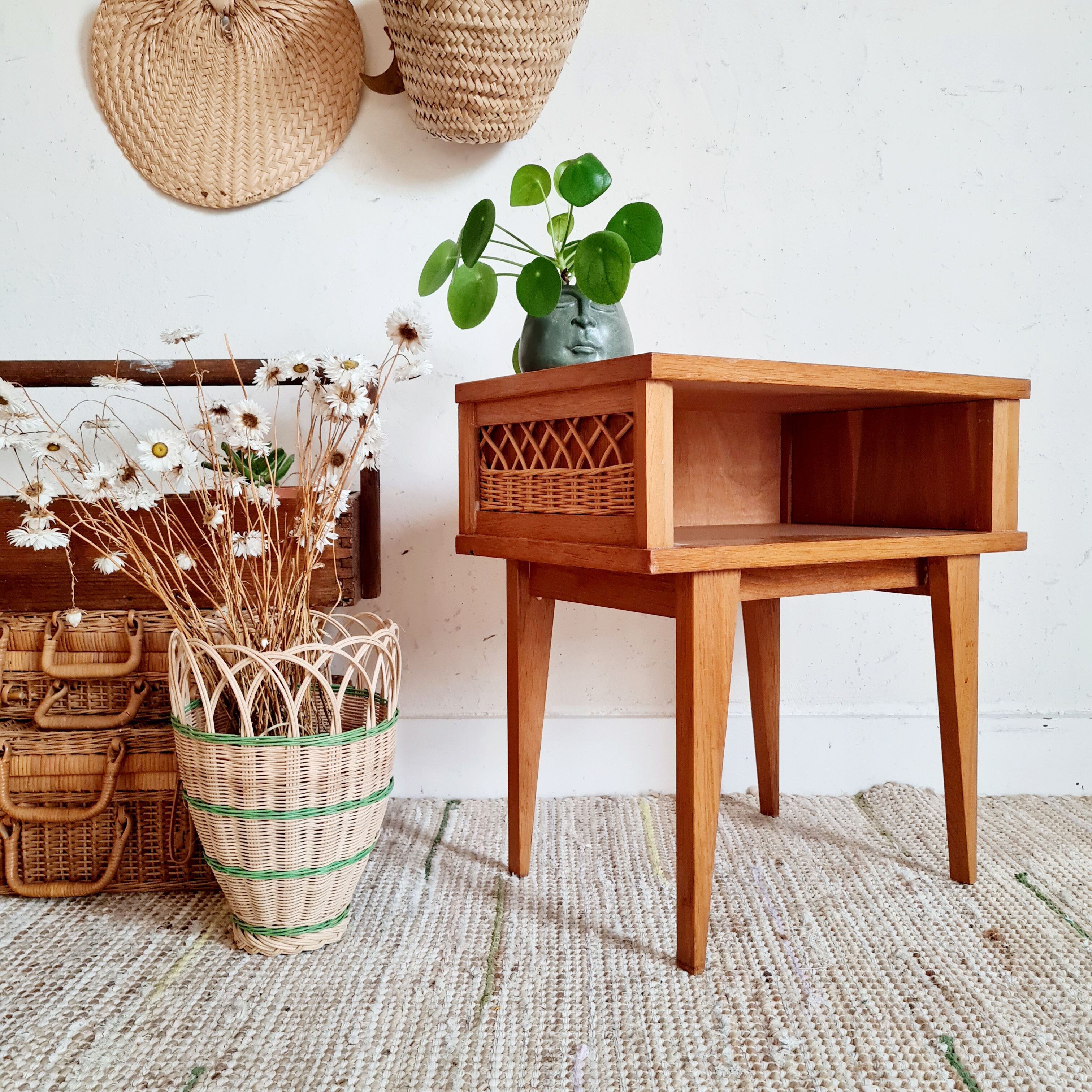 Bedside table wood and rattan compass feet