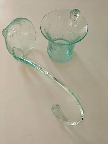 Service en verre soufflé bullé vert d'eau – Coupe sur pied, 5 tasses et louche