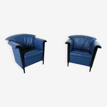 Paire de fauteuils en cuir bleu par Durlet, 1990