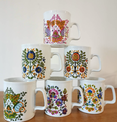 6 cups service, vintage mugs from the 70s, Staffordshire Kiln Craft