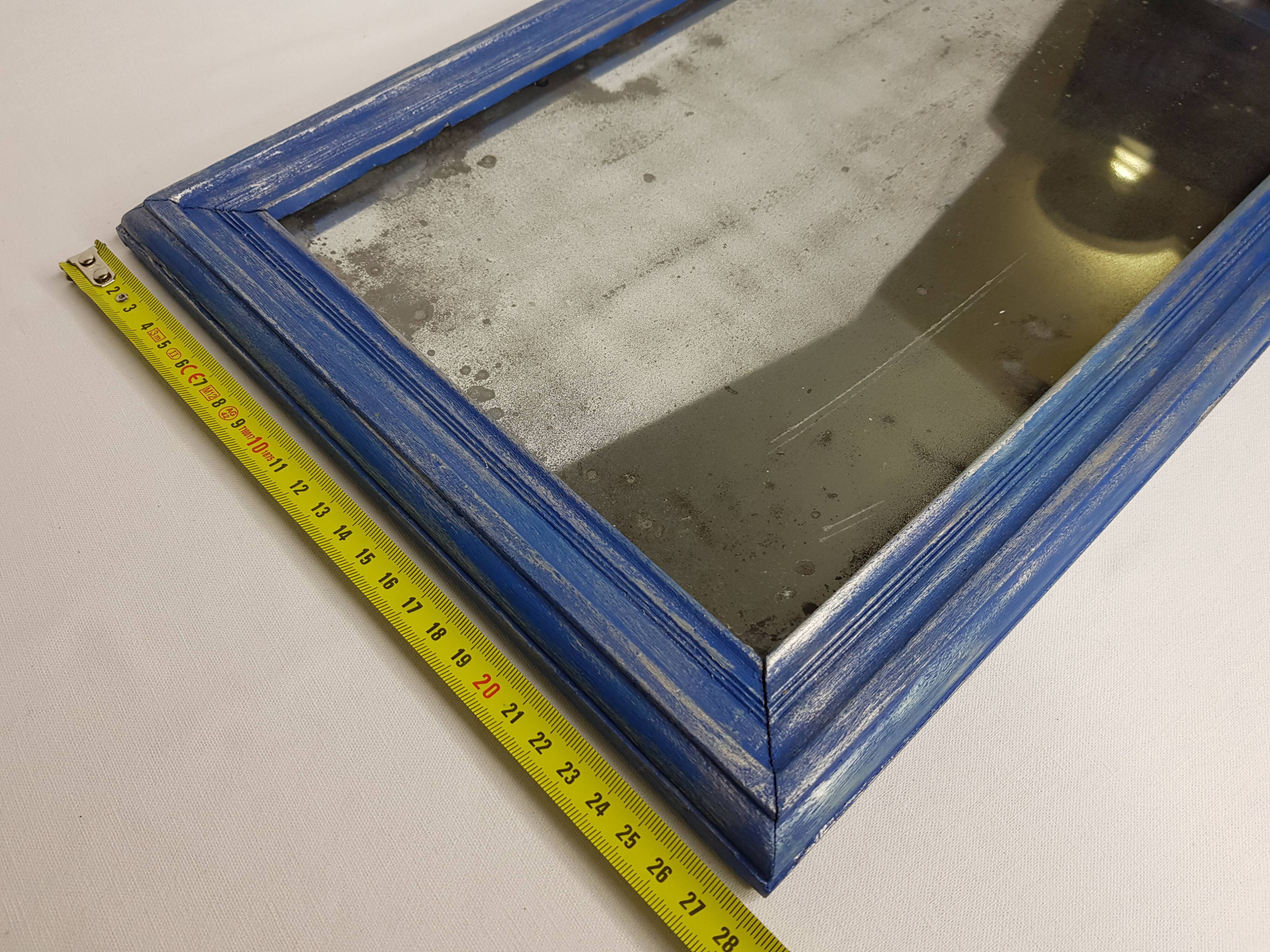 Old rectangular mirror, blue and silver patina, 46 cm