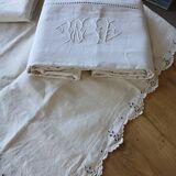 Ensemble ancien drap plat et 2 taies d'oreiller
