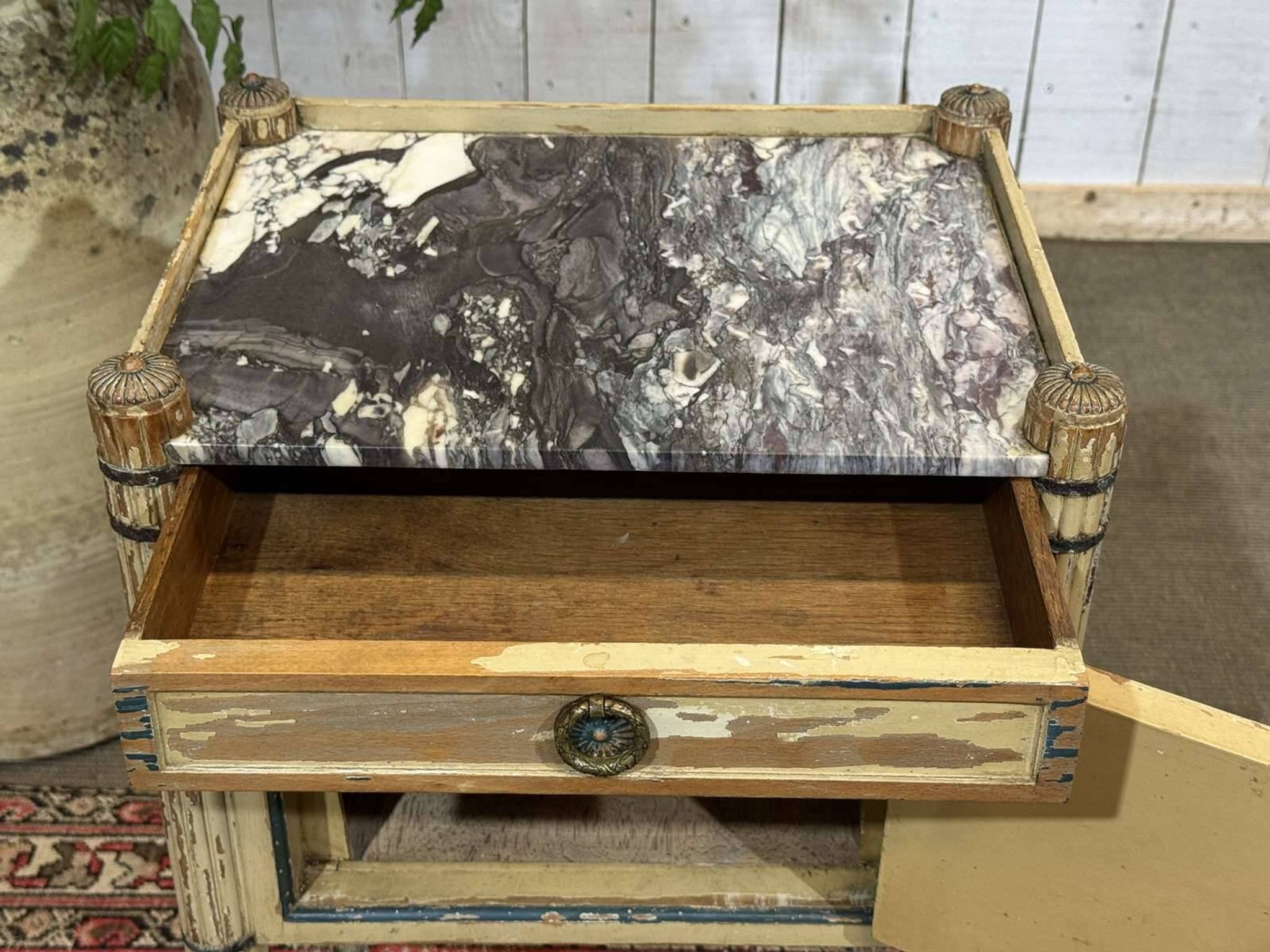 Beech bedside table painted with a marble top in Louis XVI style from the late 19th century.