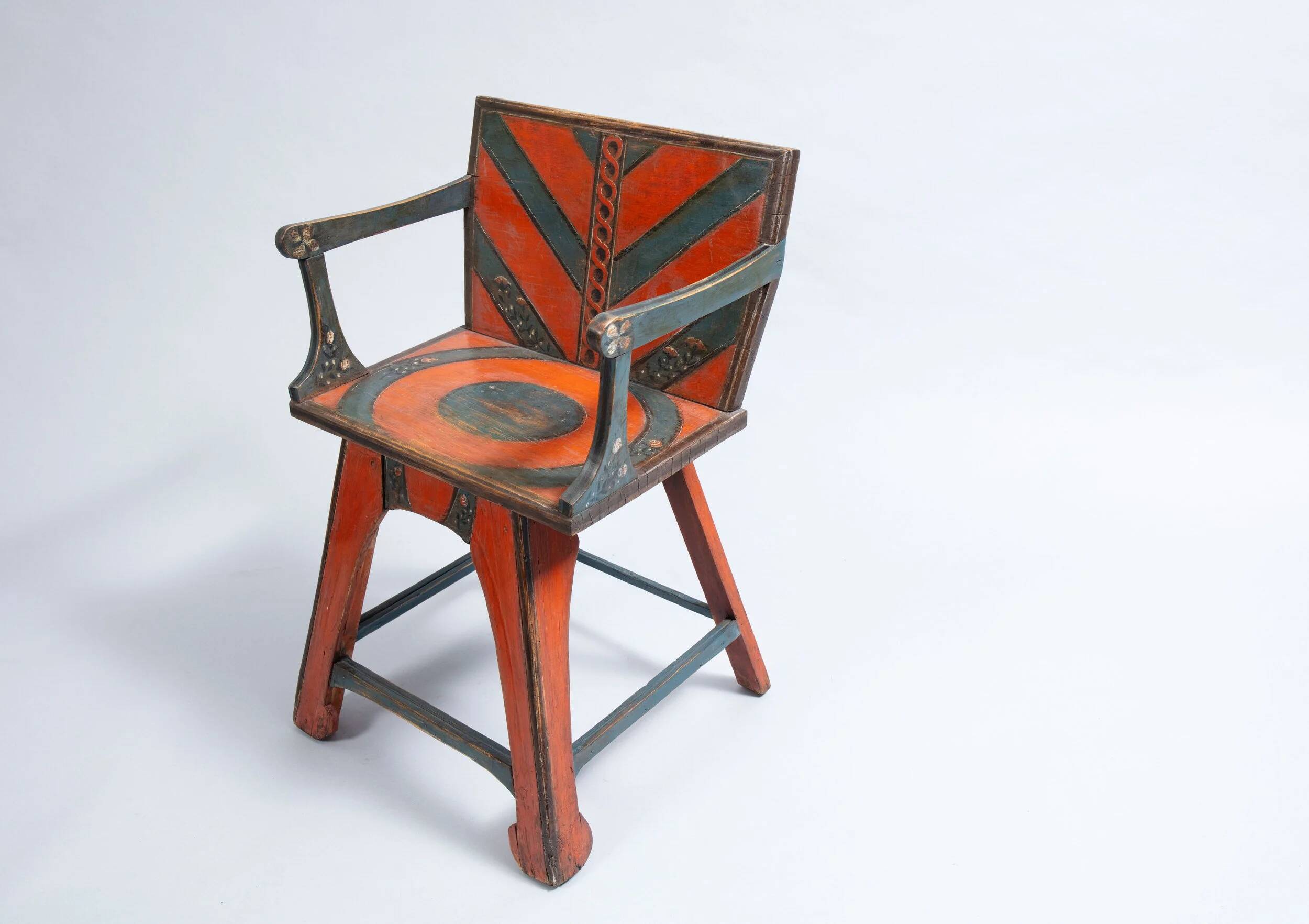 Pine chair from the 1940s with recent trompe l'oeil paint.