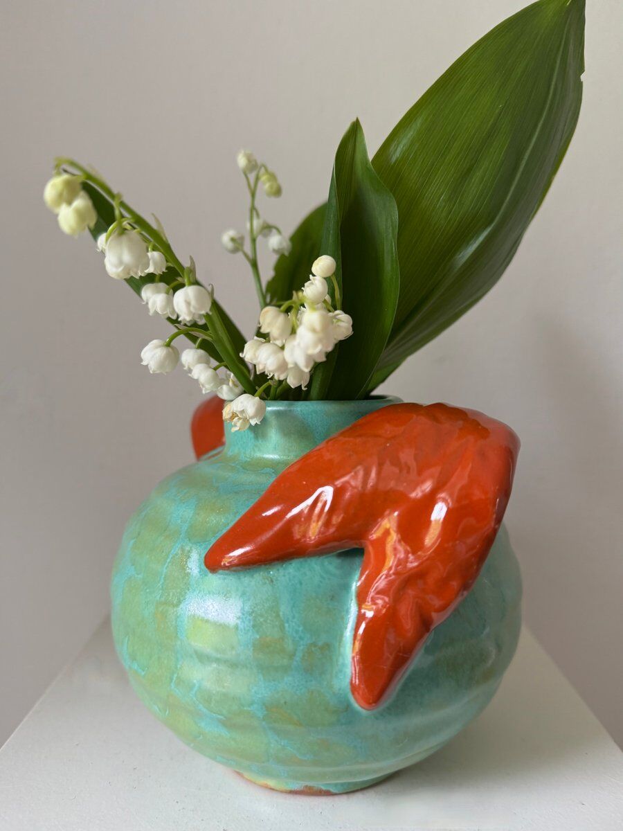 Art Deco handmade turquoise and coral vase from Upsala Ekeby, Sweden, 1930s