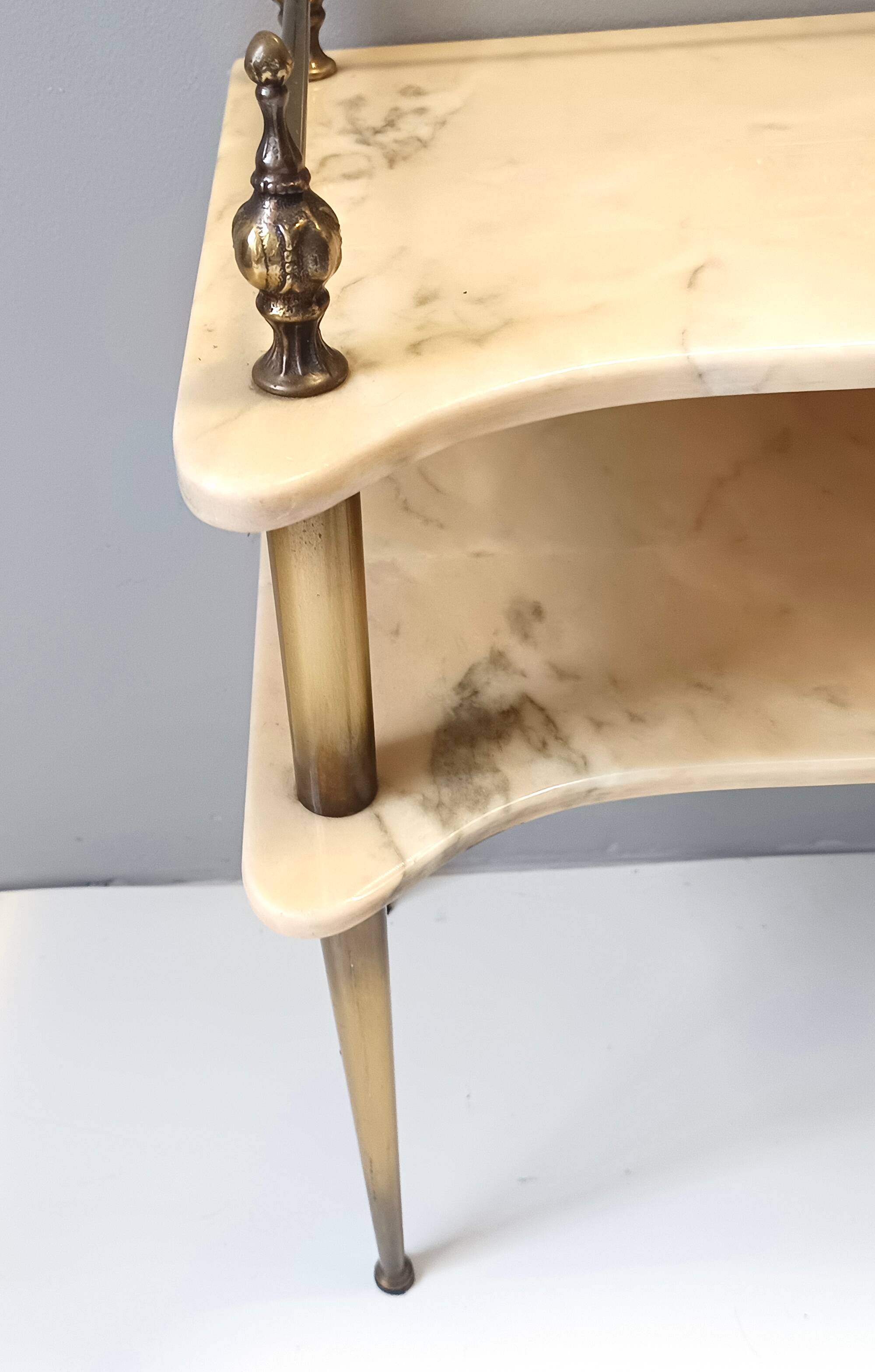 Pair of Nightstands / Console Tables with Marble Tops and Brass Legs, Italy