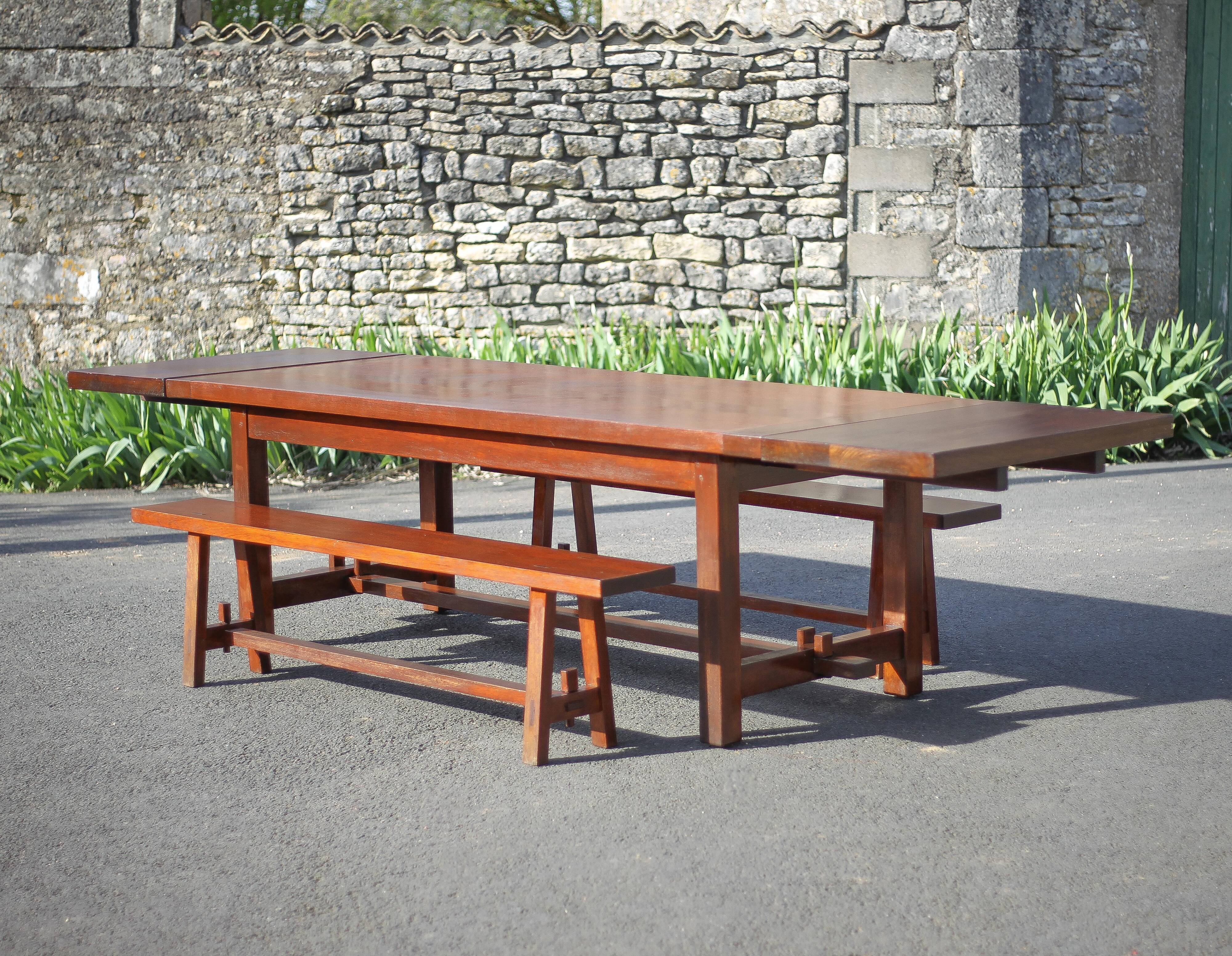 Farmhouse table with extensions and its 2 benches, living room table, solid wood table, kitchen, chalet, ca