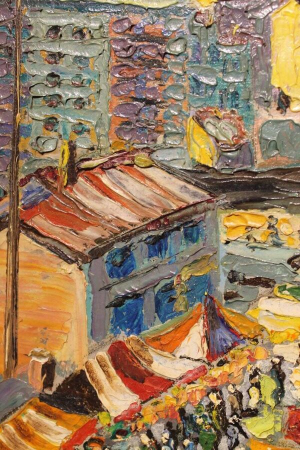 Tableau Marché aux puces de Paris, juin 1962 - huile sur panneau