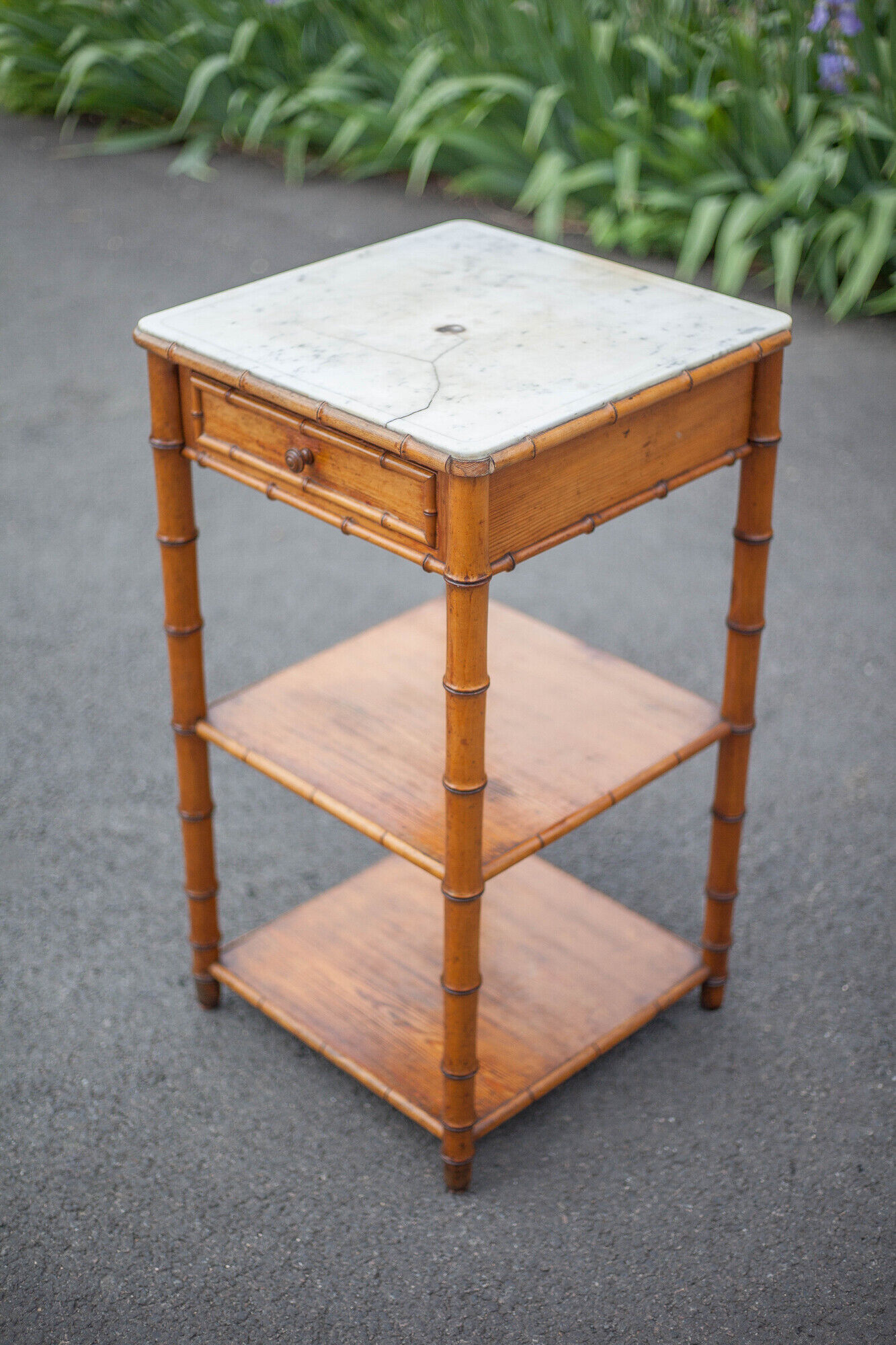 Bedside table wood imitation bamboo and marble colonial style, pedestal table, furniture 1 old drawer