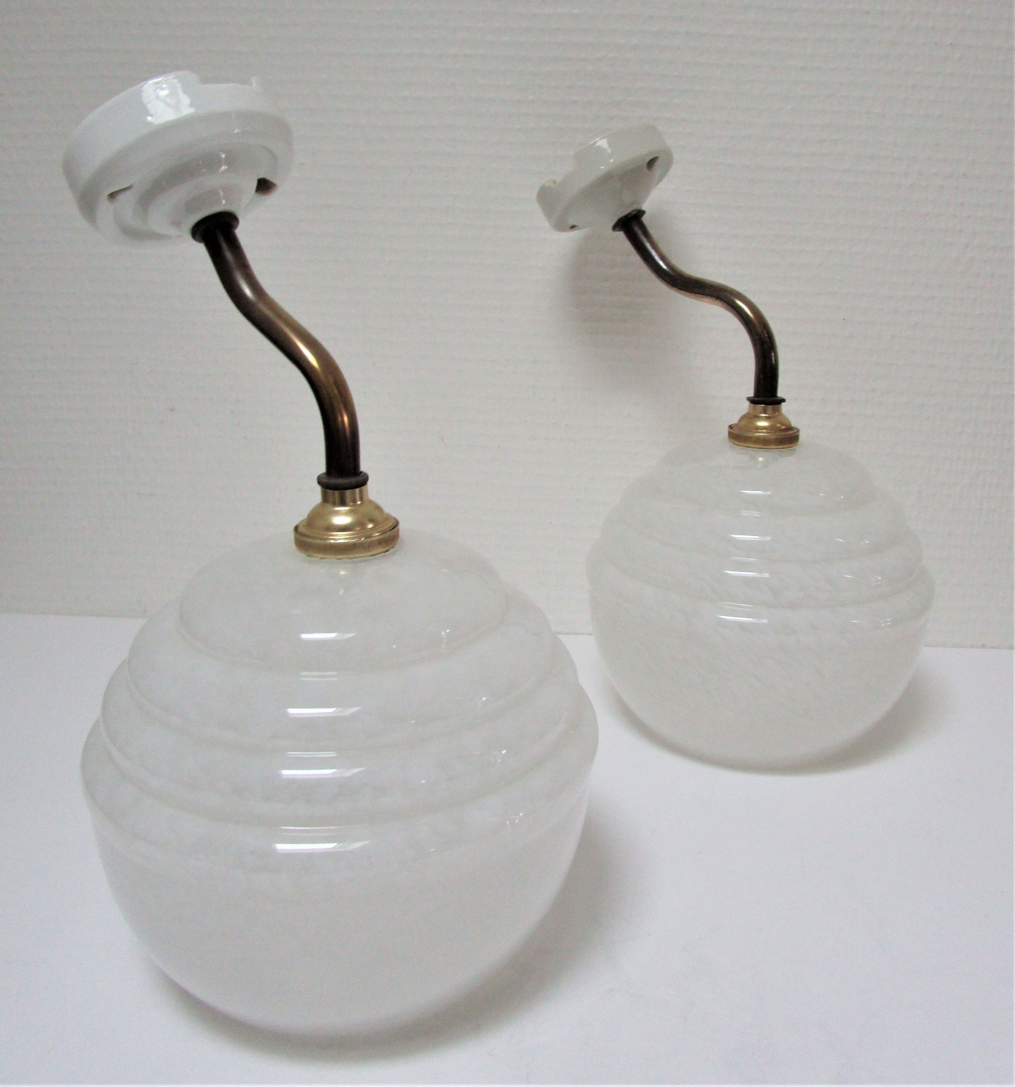 Pair of porcelain sconces brass glass of clchy white art deco