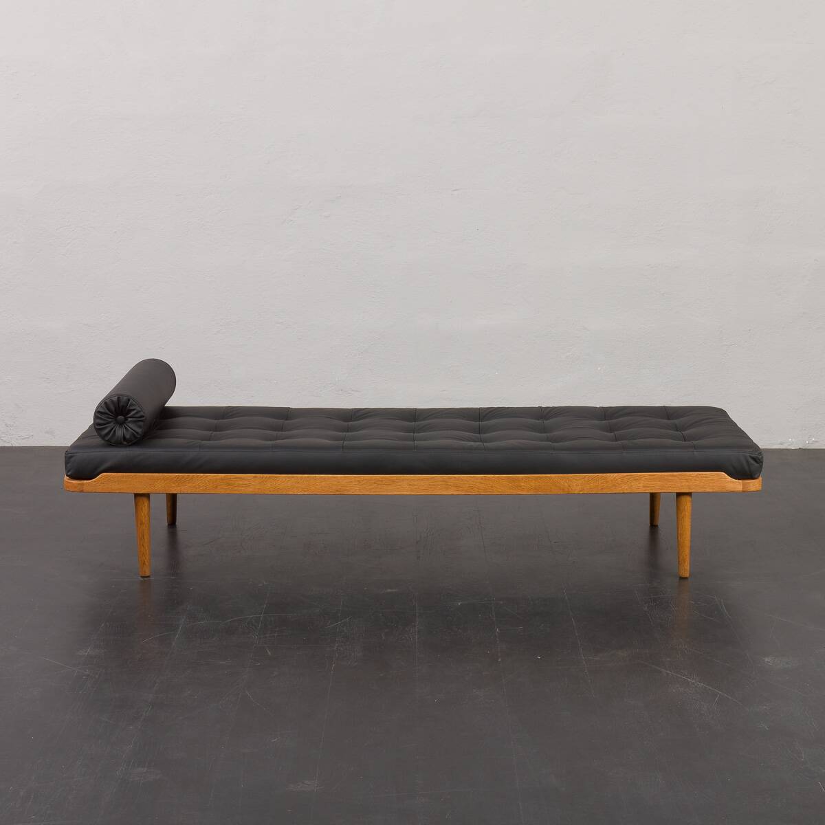 Danish mid century solid oak daybed in black leather, 1960s