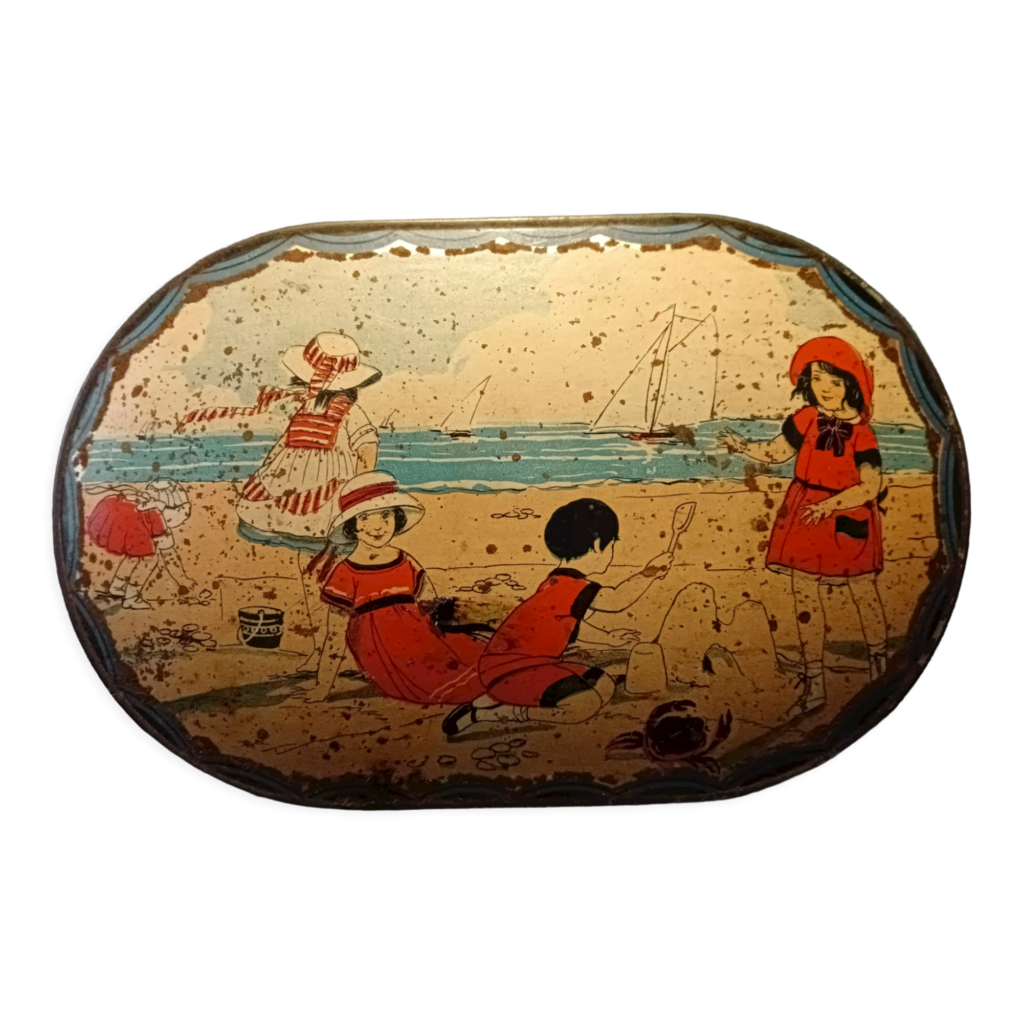 Lithographed sheet metal box " éts au planteur de caiffa " decorations children beach sea boats