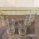 Suite of 6 vintage glasses with multicolored stripes