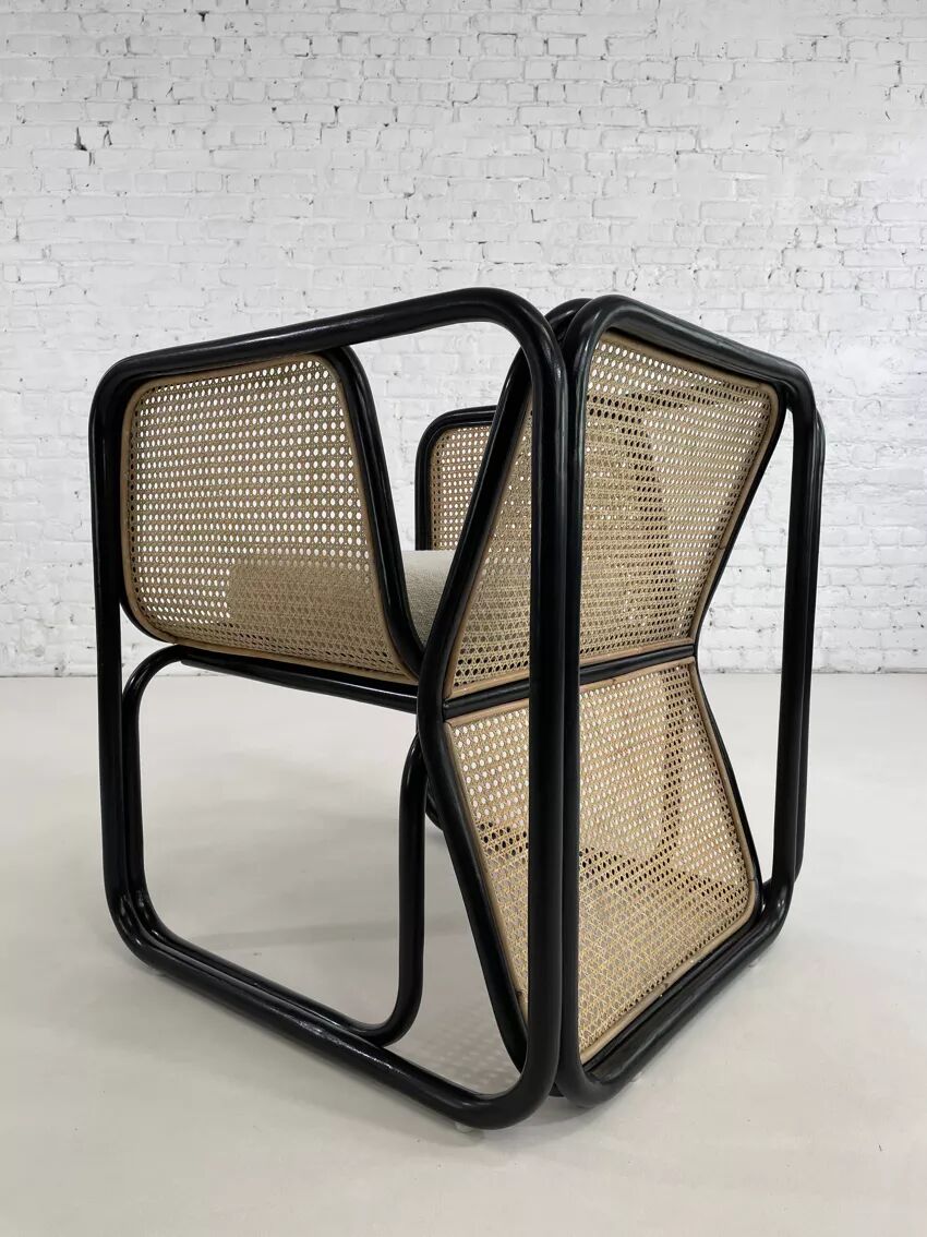 Cubic armchair in black rattan and canework