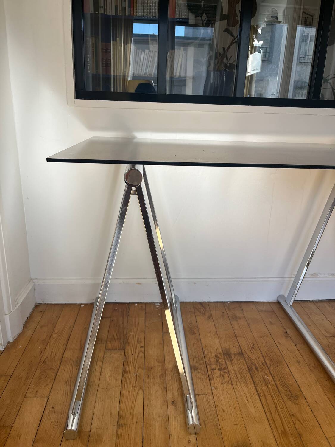 Smoked glass and chrome metal desk by Milo Baughman for Rochebobois