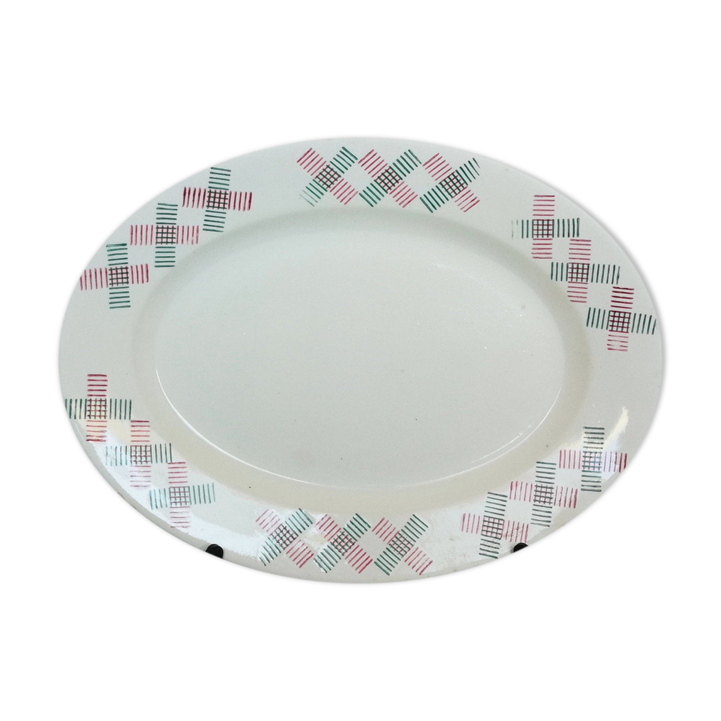 Oval dish old art deco red and green geometric shapes