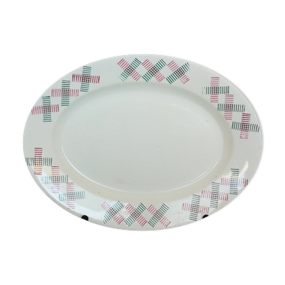 Plat ovale art deco formes géométriques rouges et vertes
