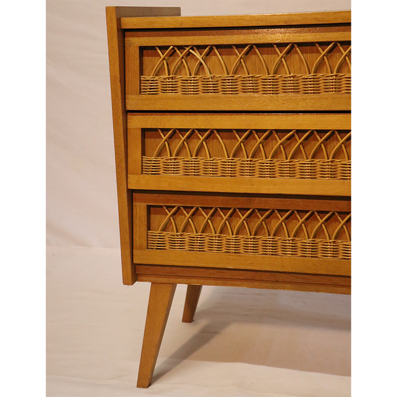 Commode vintage en bois et rotin 1960
