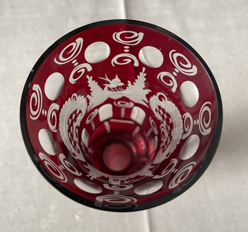 Bohemian glass vase ruby red with transparent decoration in pink and red table decoration