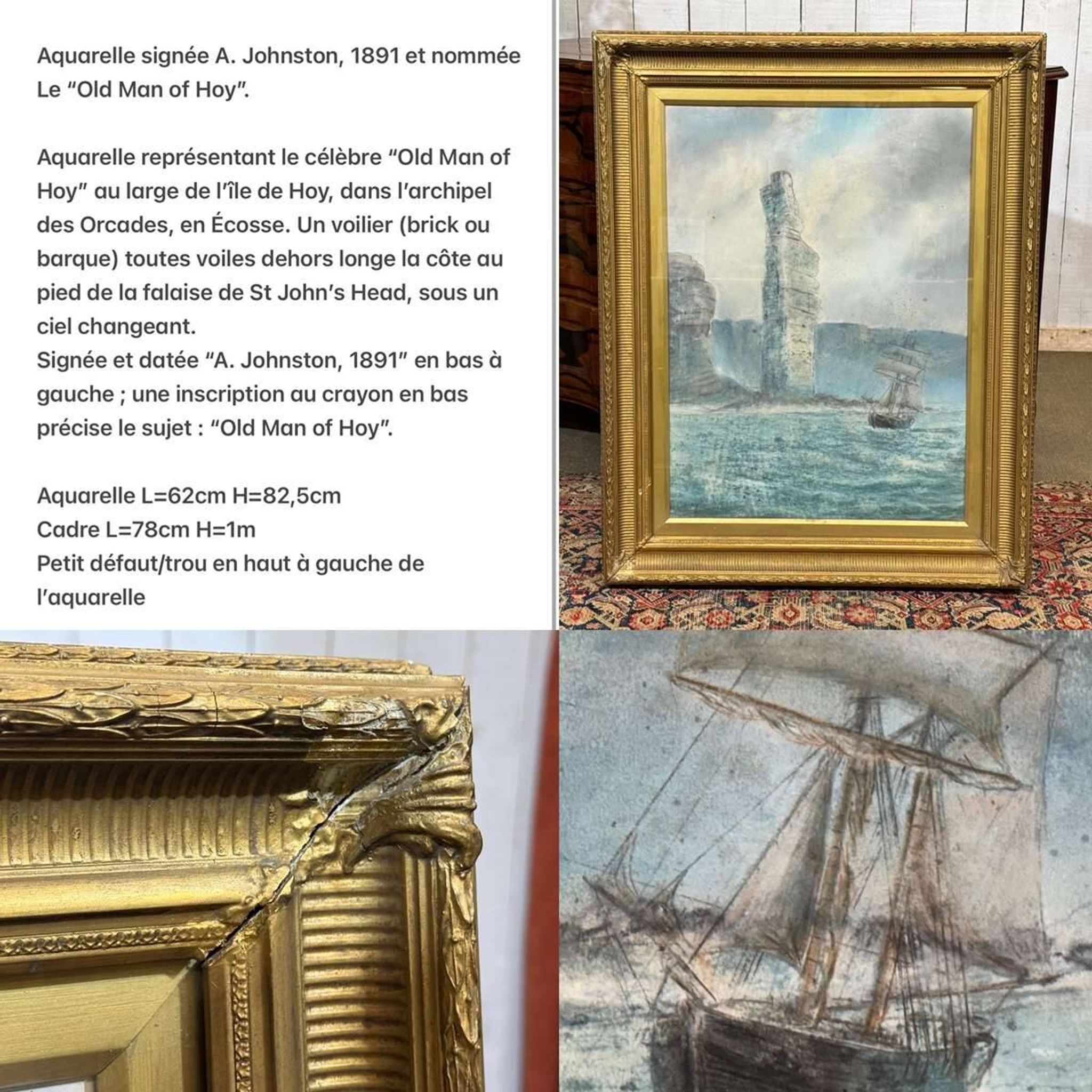 Aquarelle sous verre fin XIXème signée A.Johnston 1891