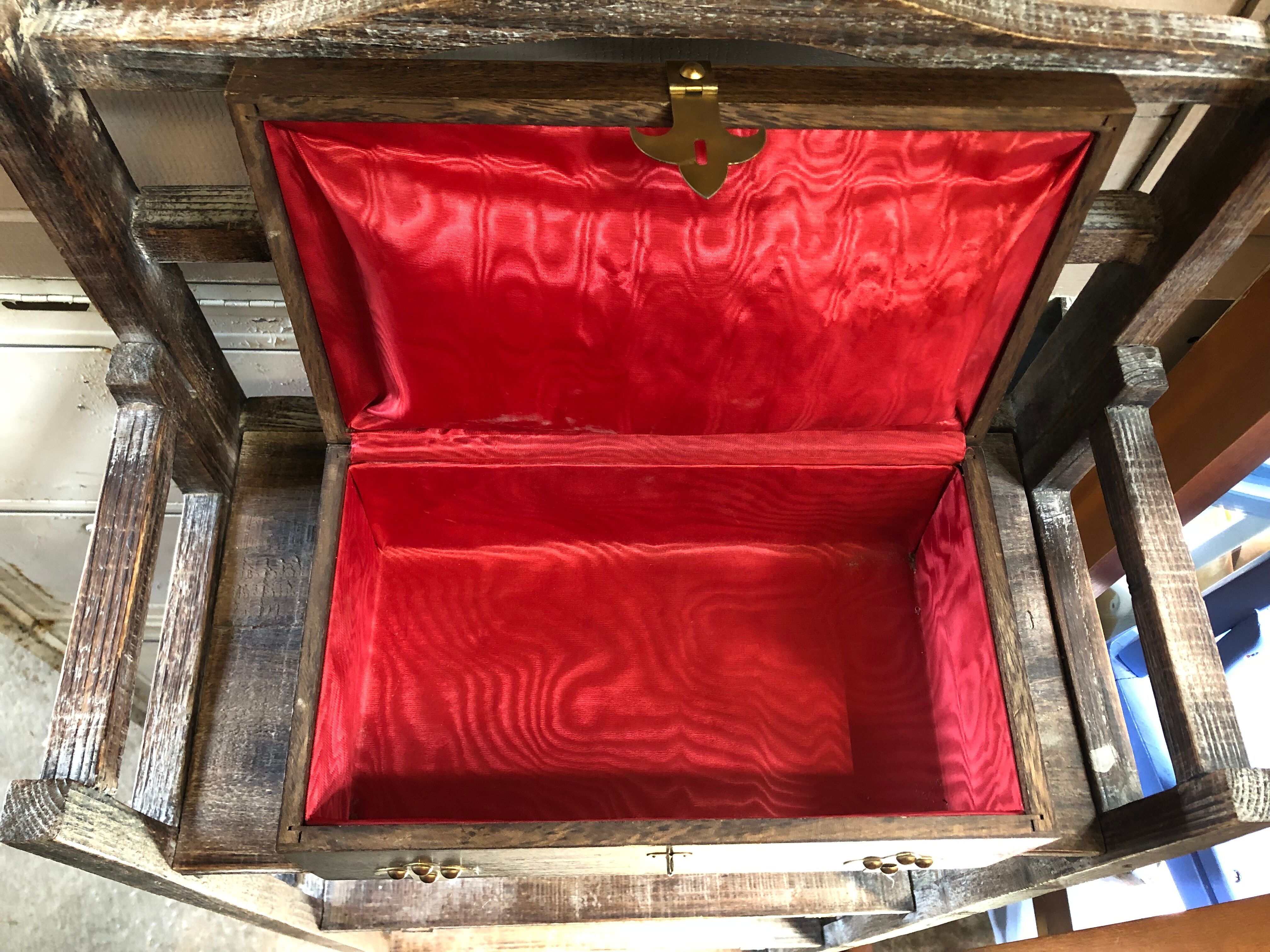 Old Box Storage Wood + Clamoir Metal Gilded Interior Fabric Red Vintage