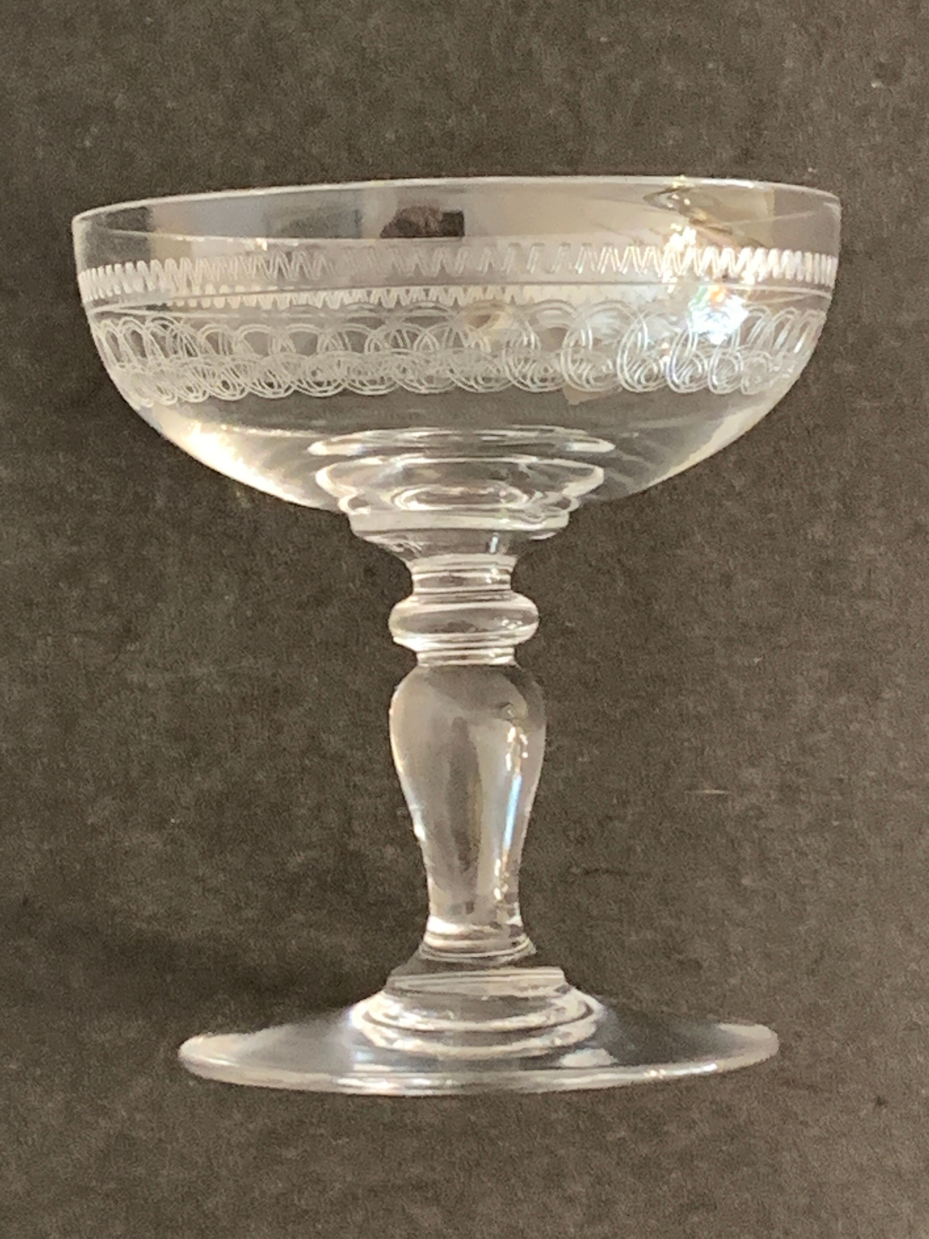 5 antique champagne glasses in engraved crystal