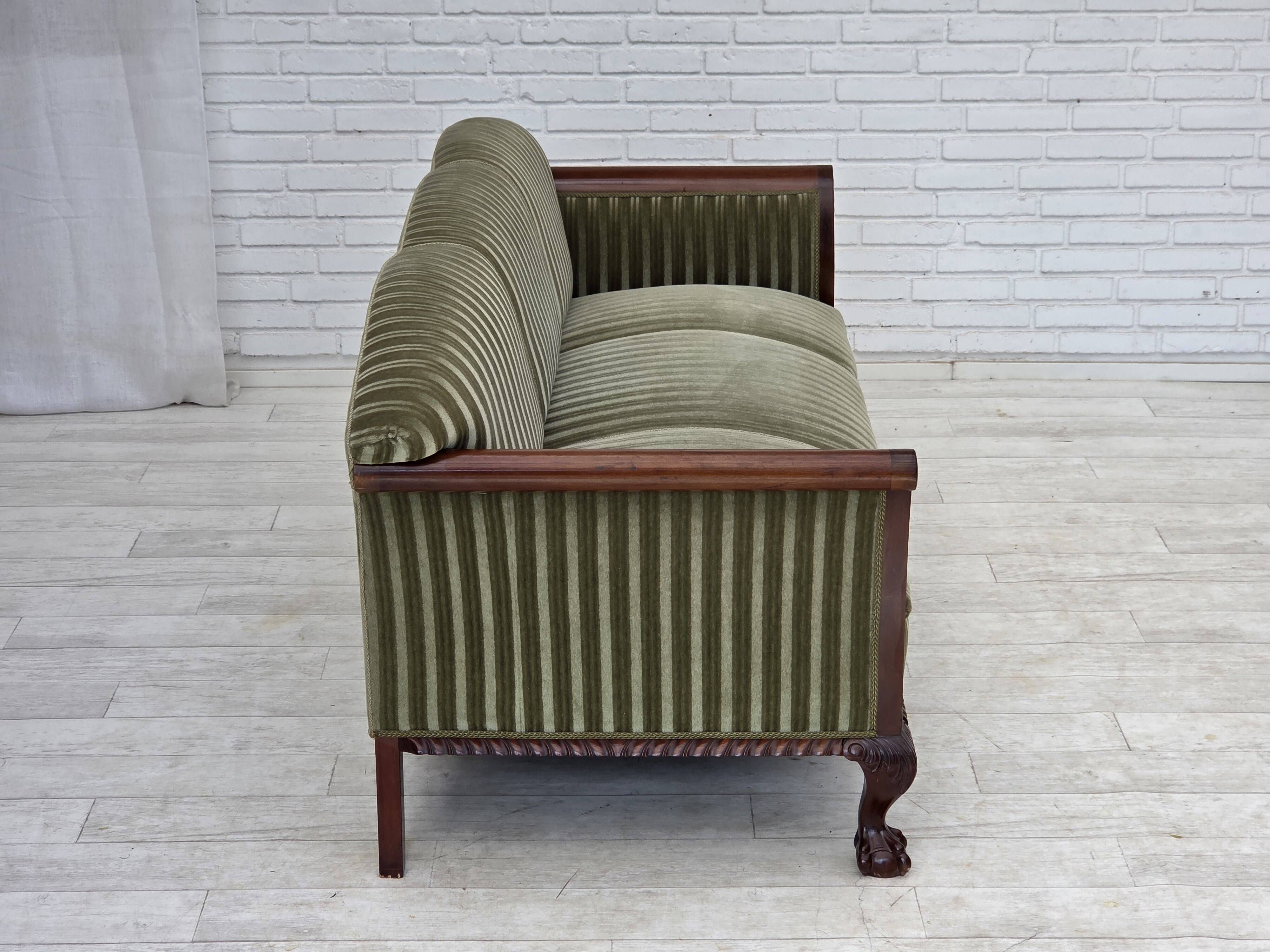 1950s, 3-seater Danish sofa, green furniture velour, teak wood.
