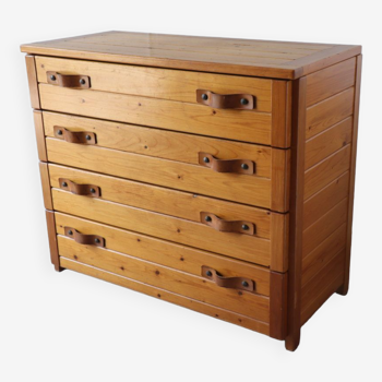 Vintage chest of drawers in solid pine and leather, 1970