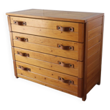 Vintage chest of drawers in solid pine and leather, 1970