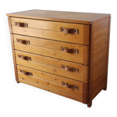 Vintage chest of drawers in solid pine and leather, 1970