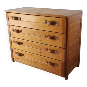 Vintage chest of drawers in solid pine and leather, 1970