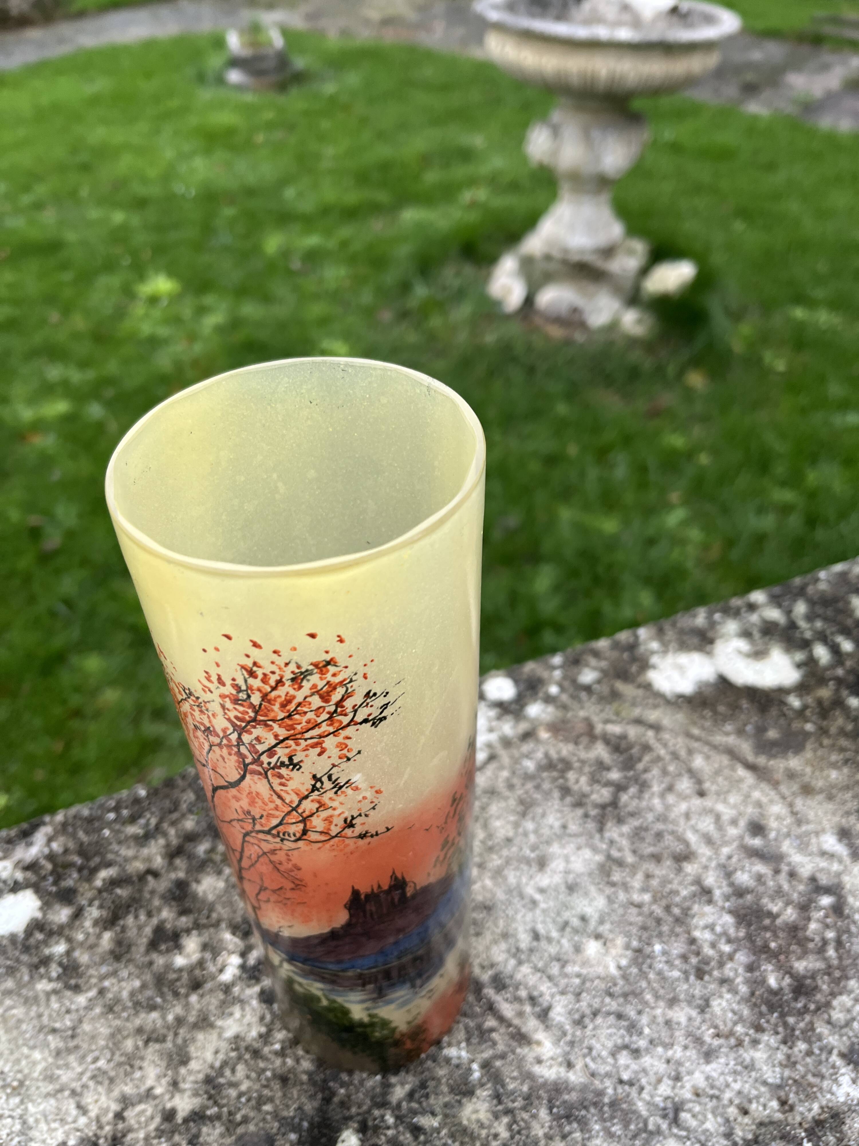 Legras vase in enameled glass with castle decoration