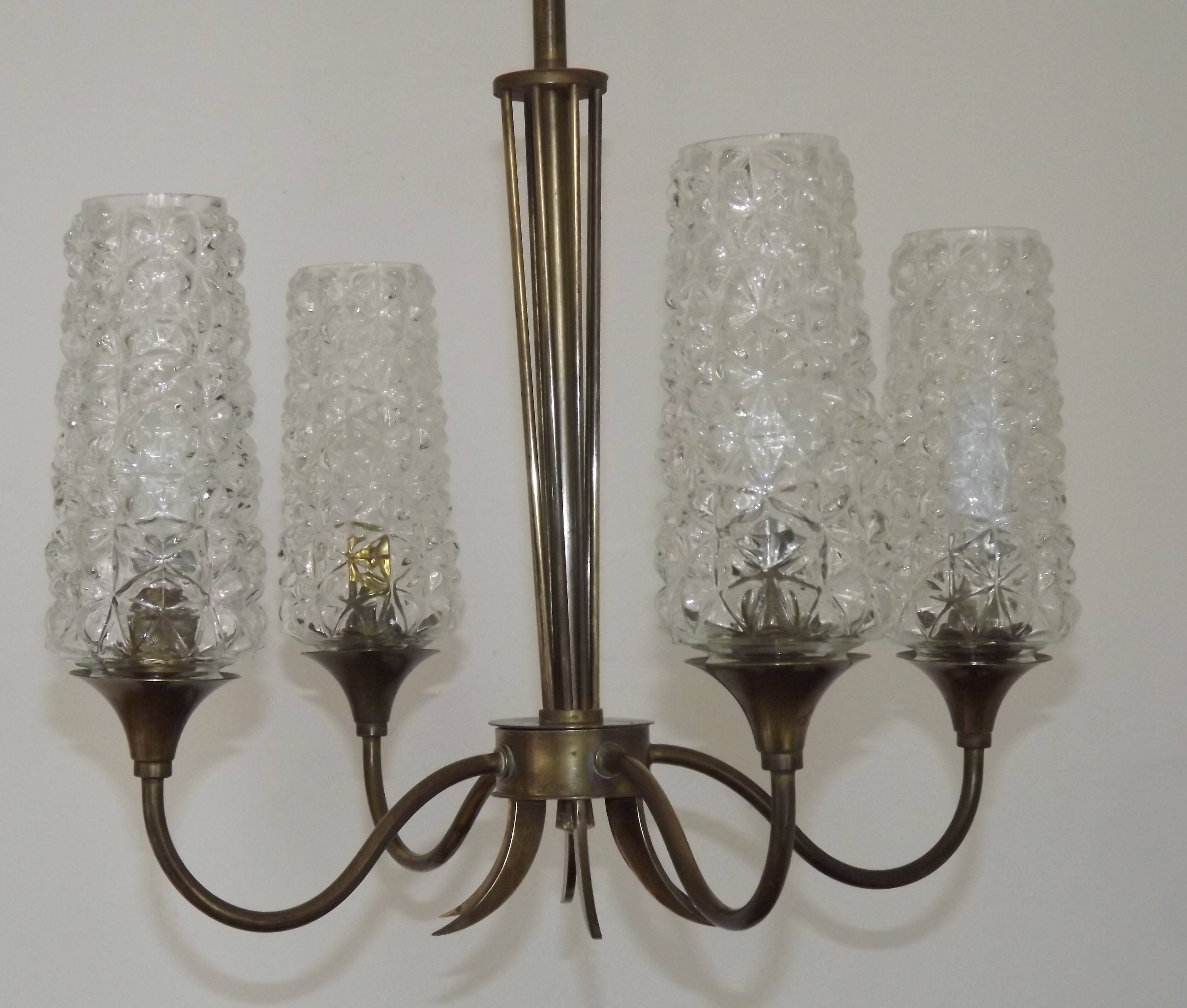 French vintage retro chandelier with 4 lights in brass and bronze with cut glass shades.