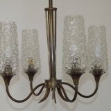 French vintage retro chandelier with 4 lights in brass and bronze with cut glass shades.