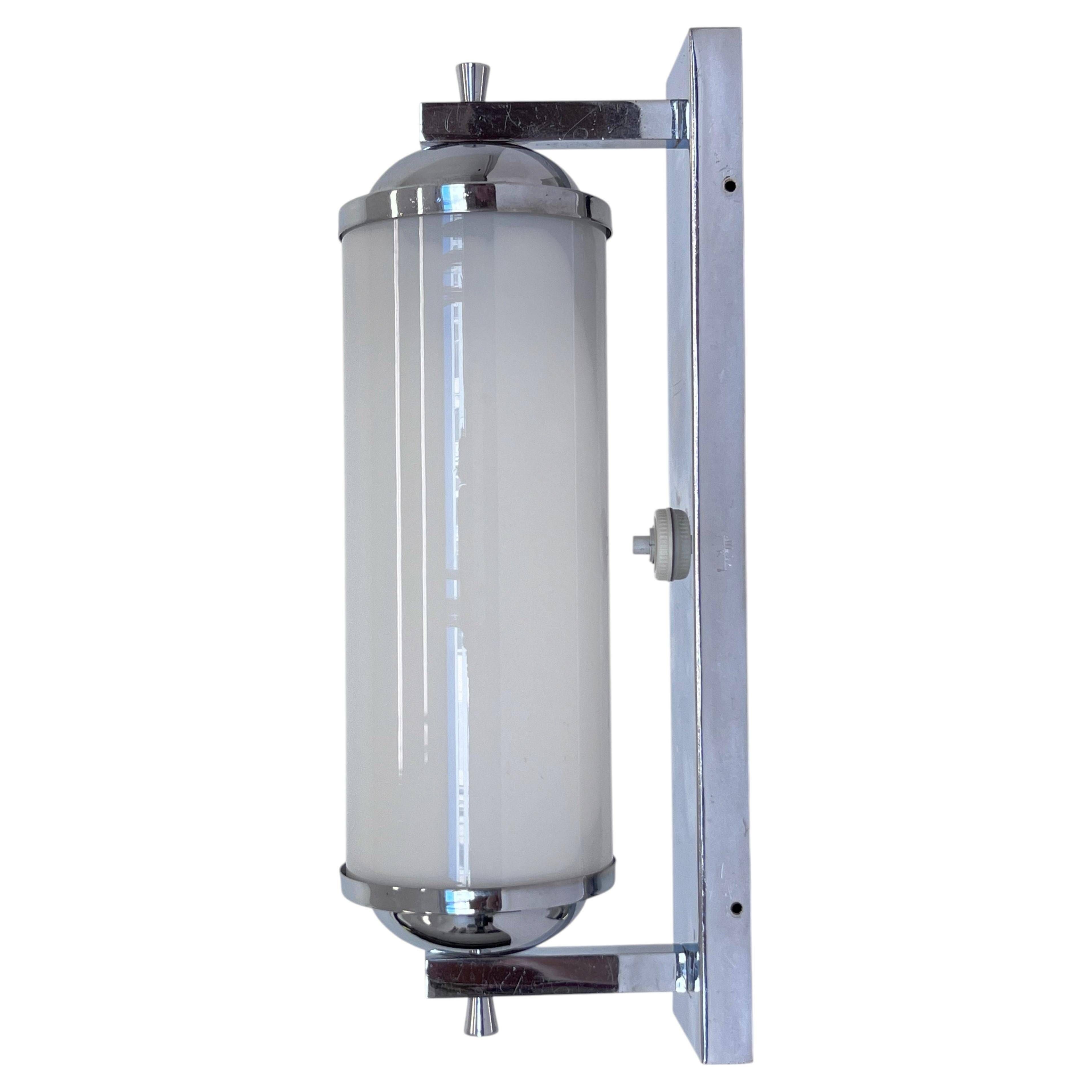 Large Bauhaus Wall Sconce in Chrome and Opaline Glass, 1930s – Czechoslovakia, Marked