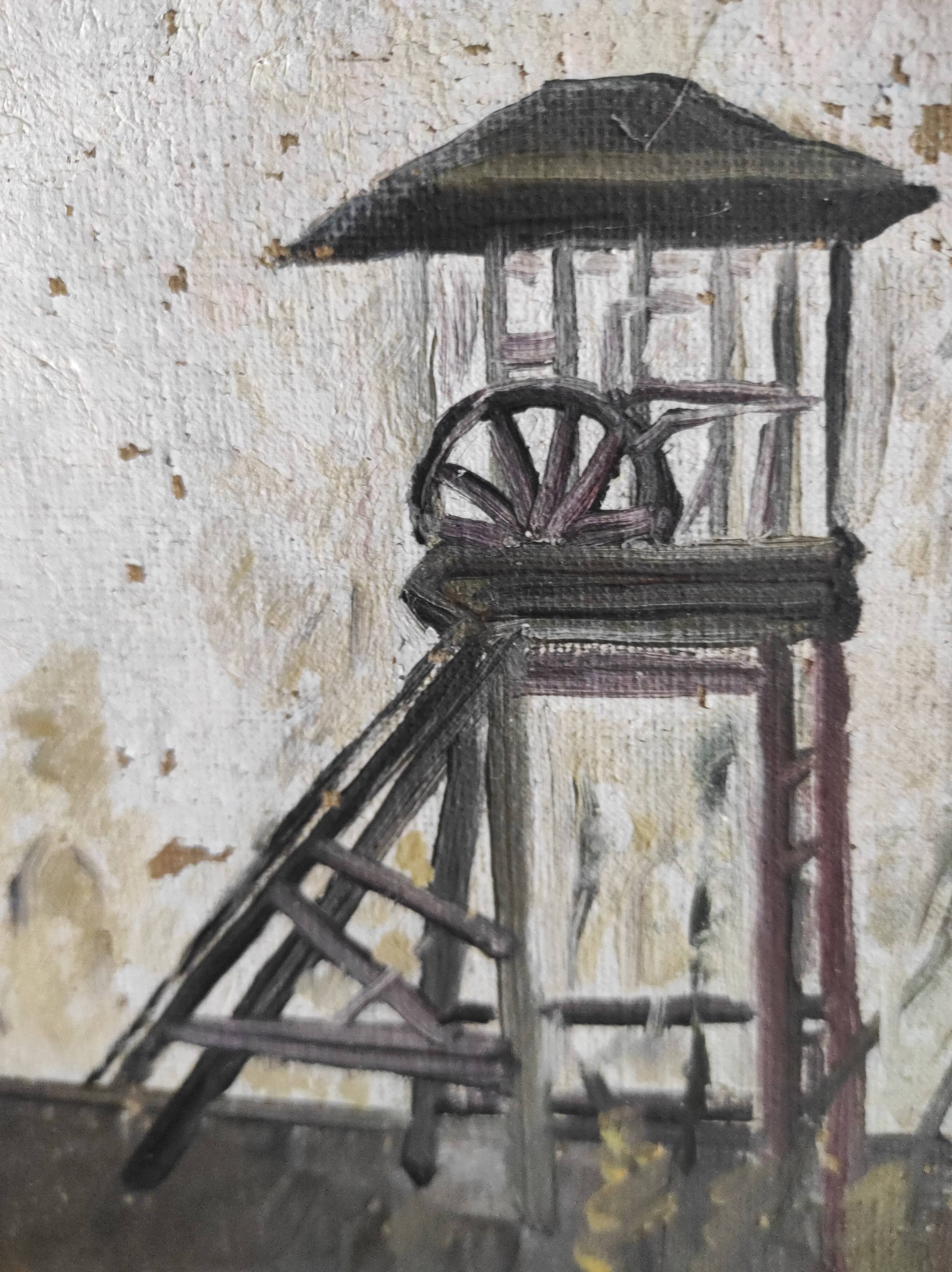 French vintage oil painting on canvas of a mine, signed M. L. Bertin Eustache