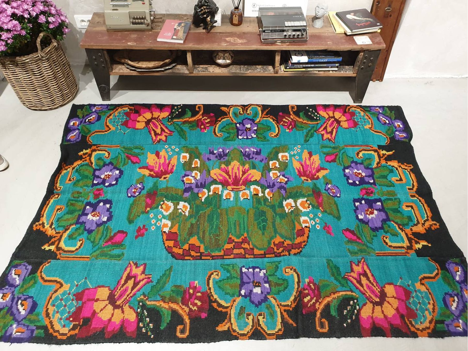 Turquoise floral wool rug, handmade in Romania. Vintage carpet 230X153 cm