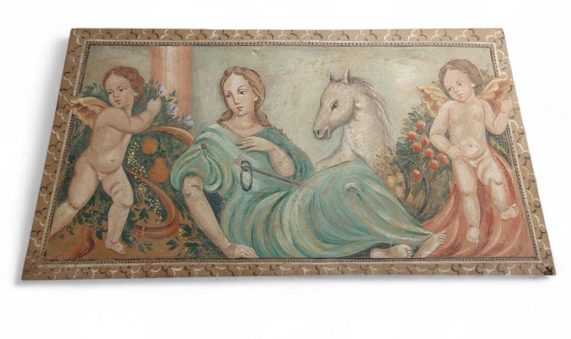 Allegory large painted tempera panel on decorative canvas 170x80 cm