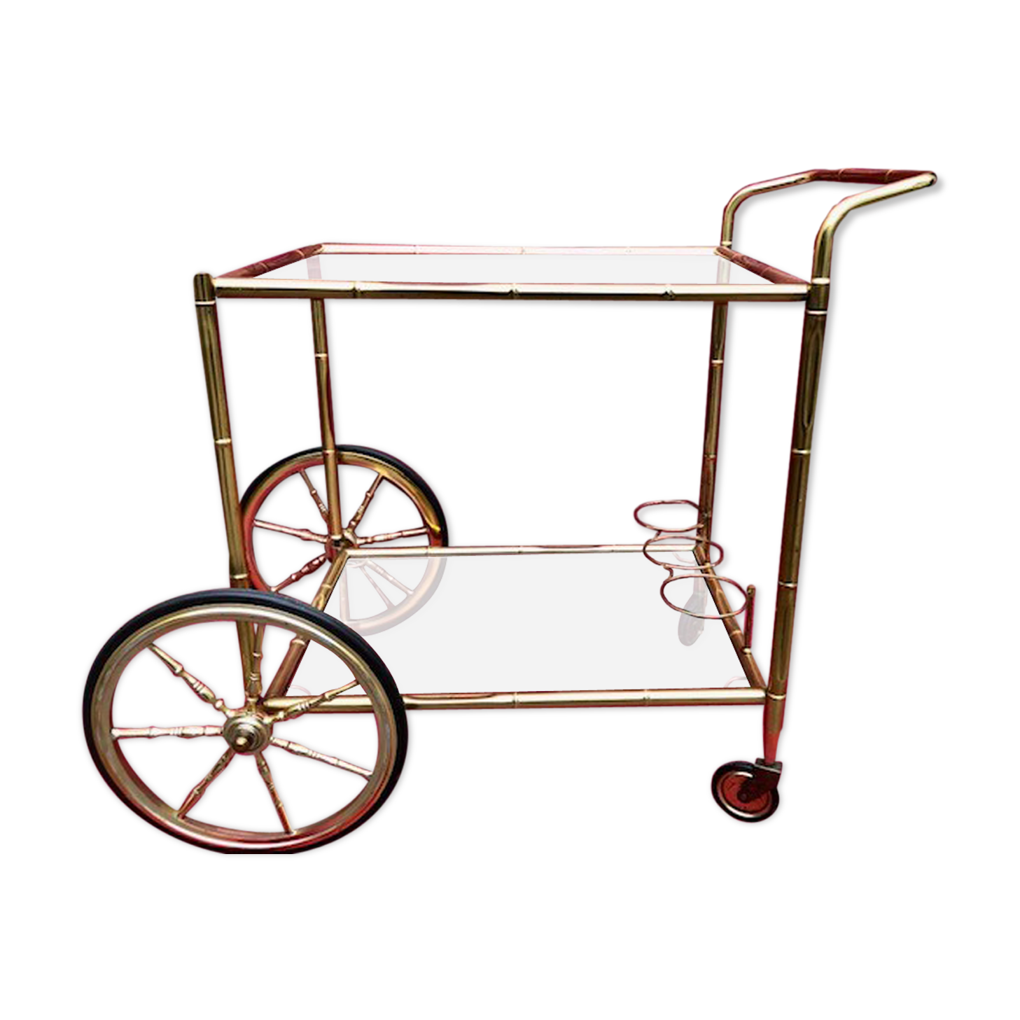 Desserte bar roulettes bambou laiton doré 1970 Selency