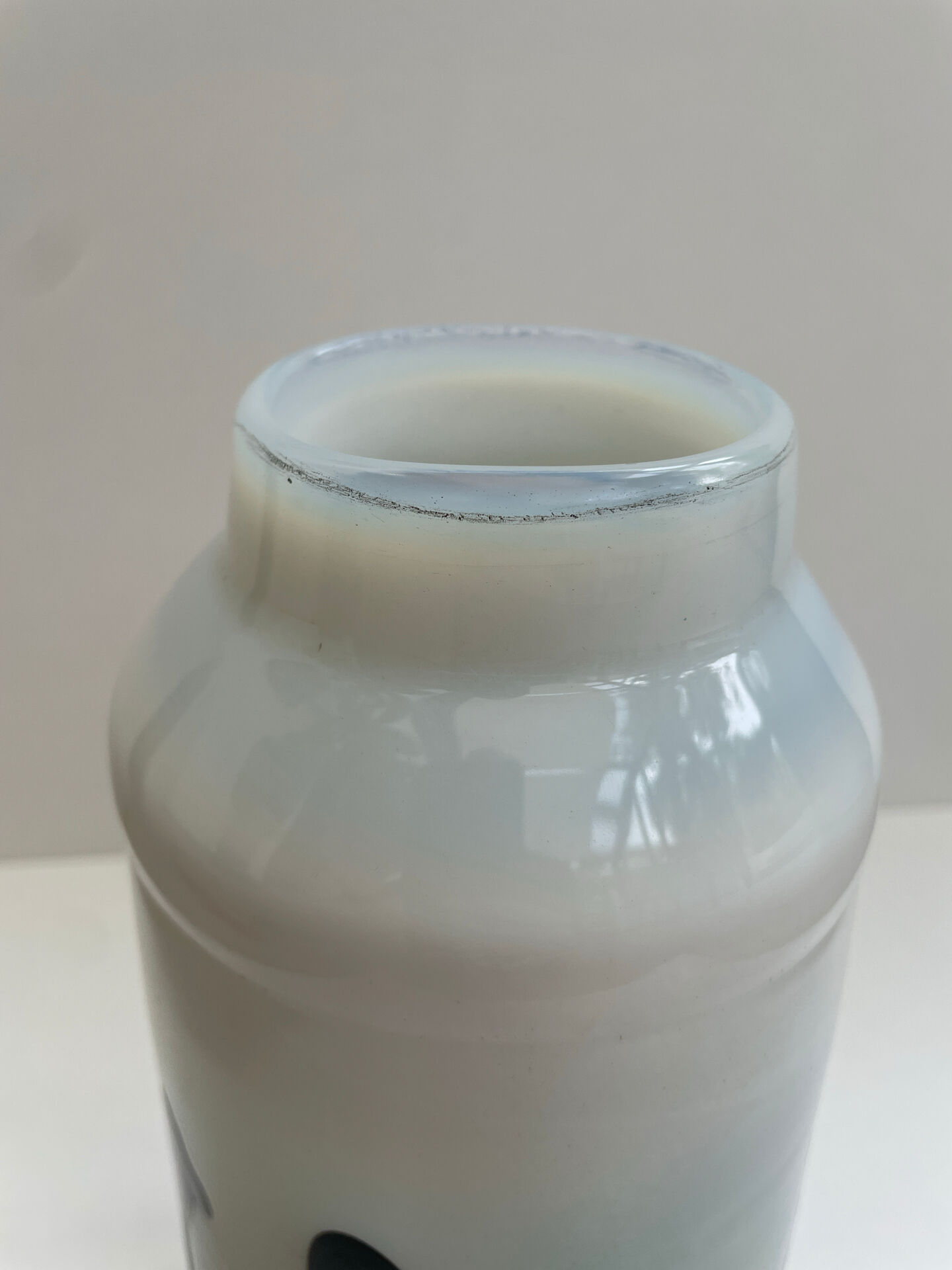 Blown opaline glass vase with coloured inclusions