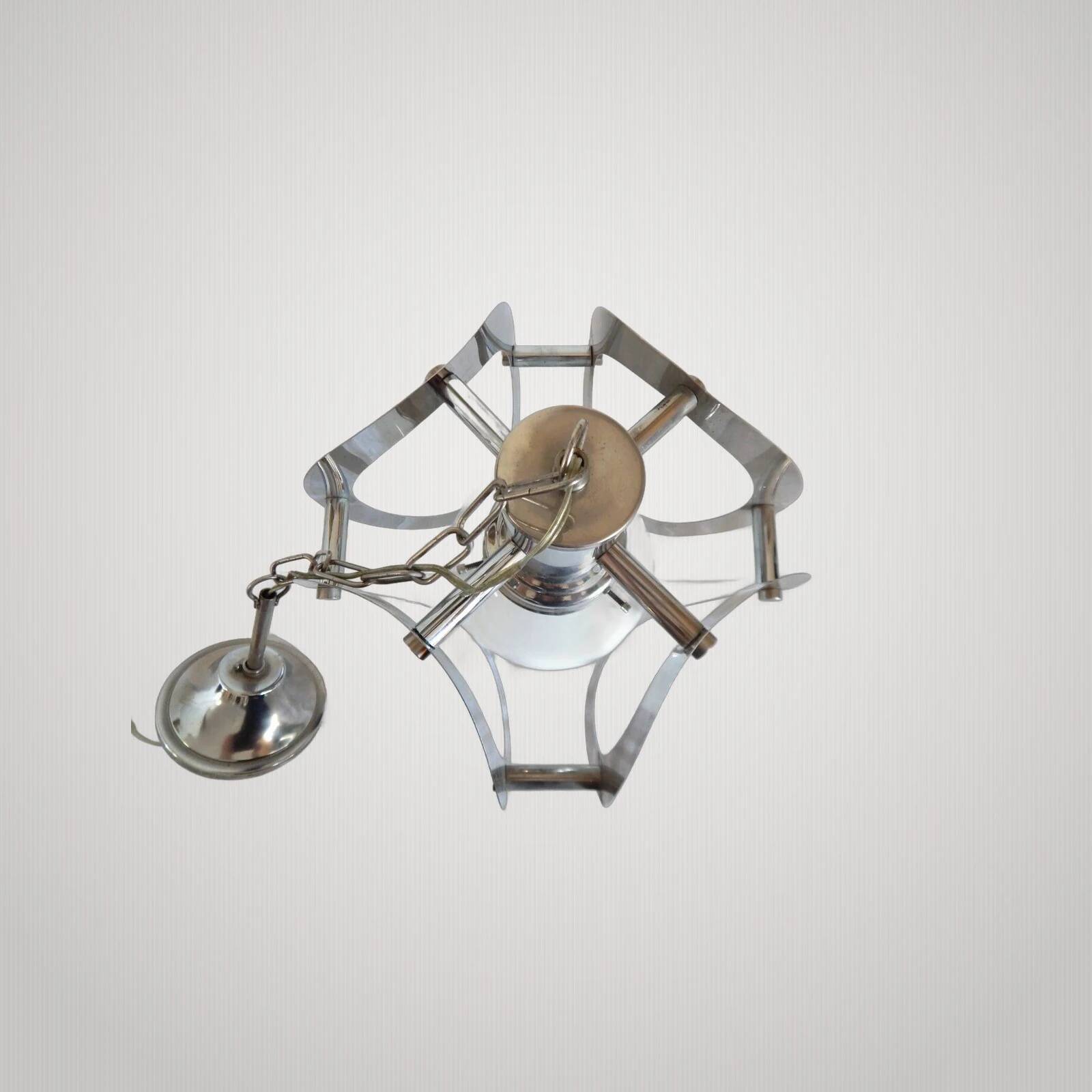 ANTIQUE CHANDELIER MAZZEGA Murano Opalescent Glass and Chrome Metal Pendant Light
