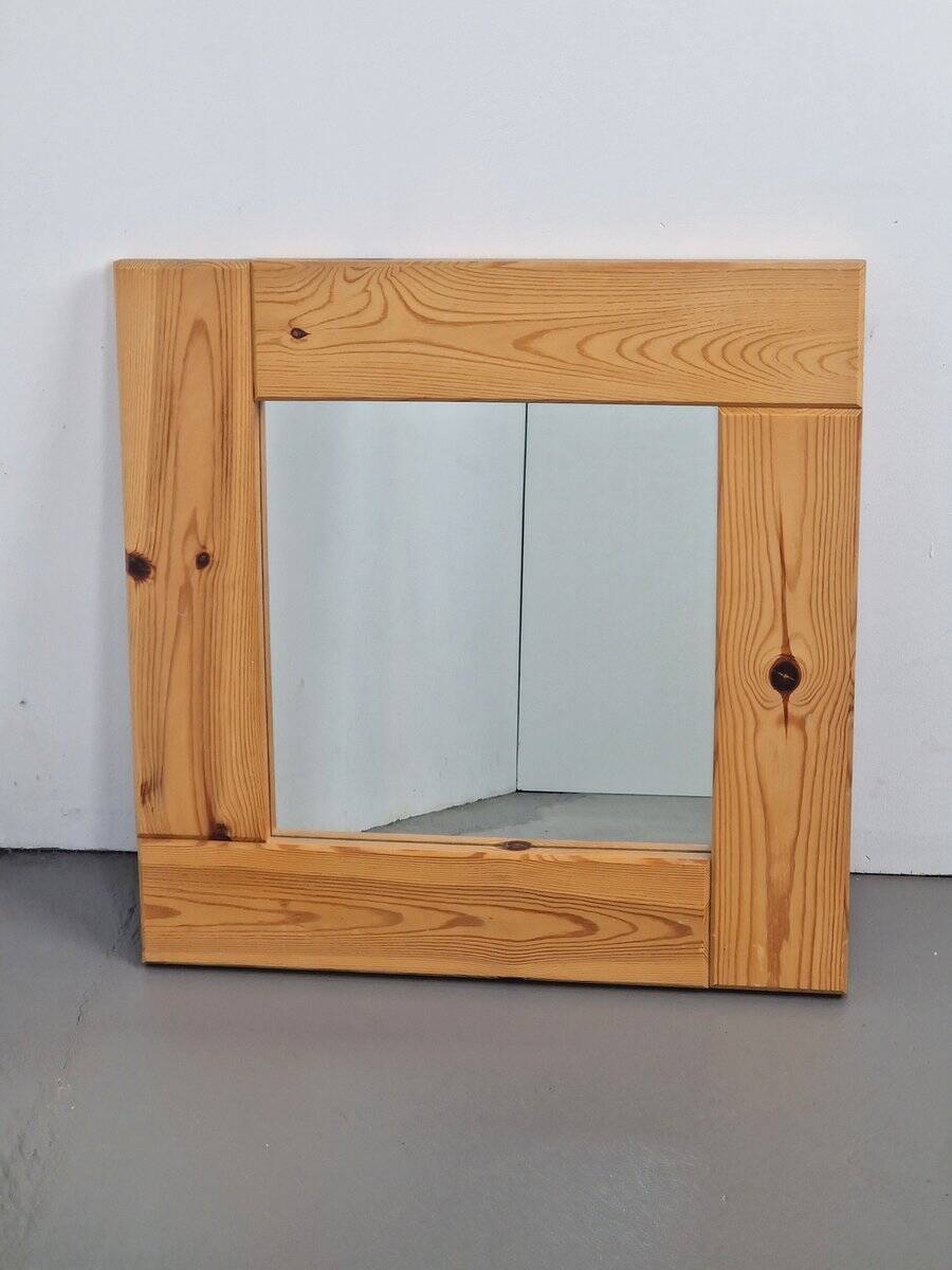 Vintage Scandinavian Square Pine Mirror, 1970s