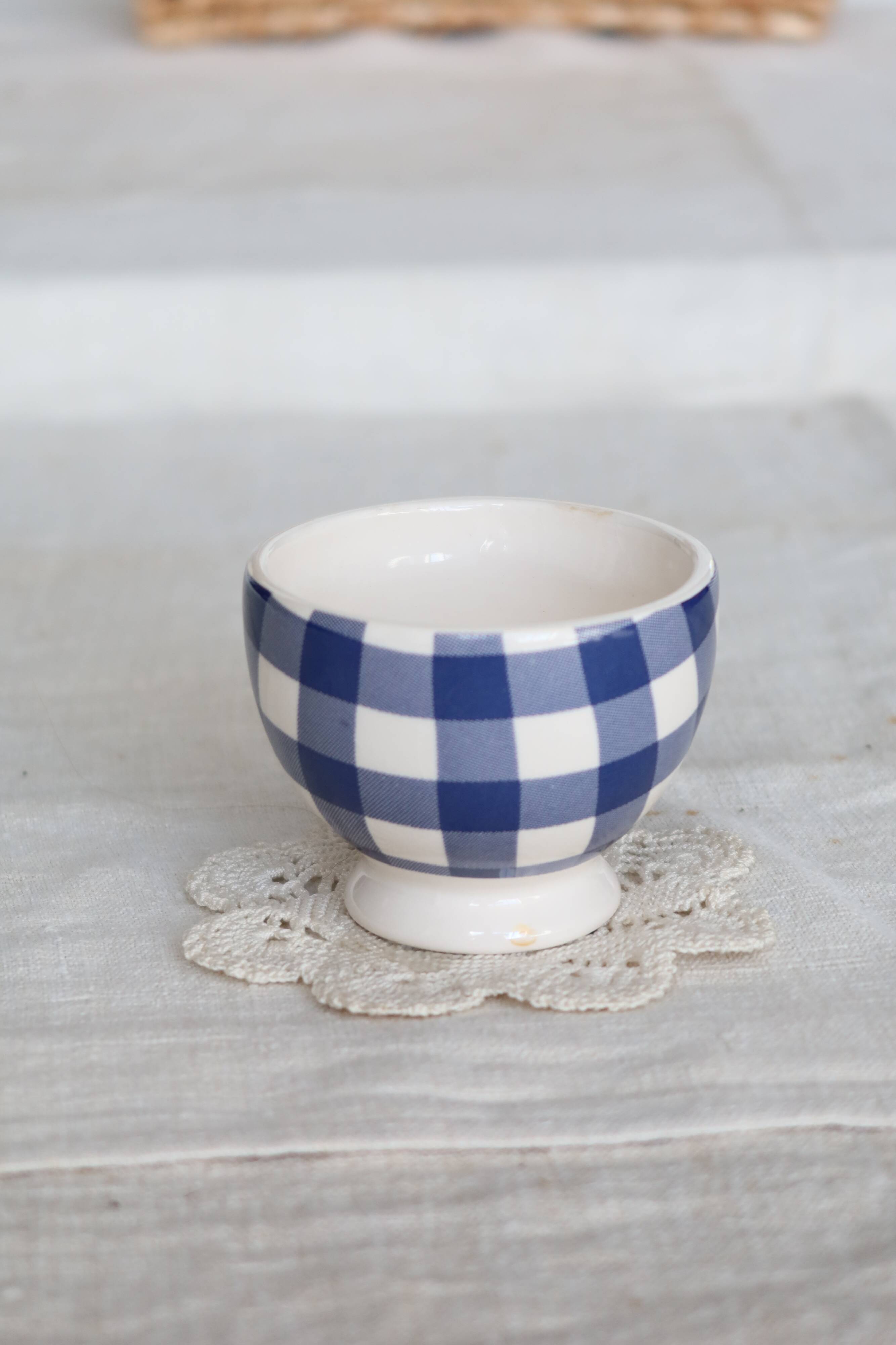 Small vintage white earthenware bowl with blue gingham pattern