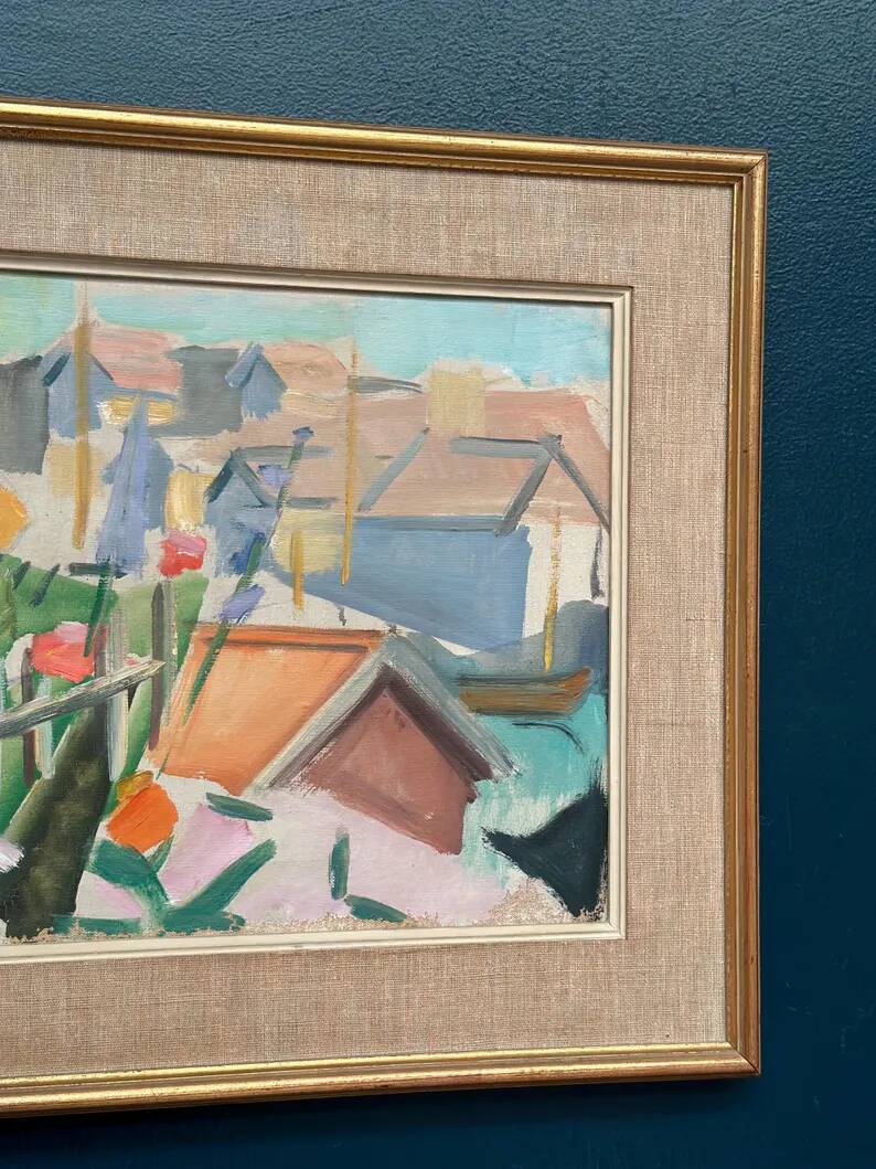 Swedish Original Oil on Canvas – "Figure Near a Flower Fence" by Carl Gunne – Signed – Vintage and Framed – 69.5 × 48 cm (27.4" × 18.9")