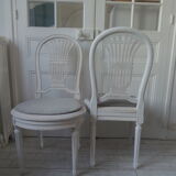 2 louis xvi style chairs beautiful patina chalk bills, seats dressed in gray velvet