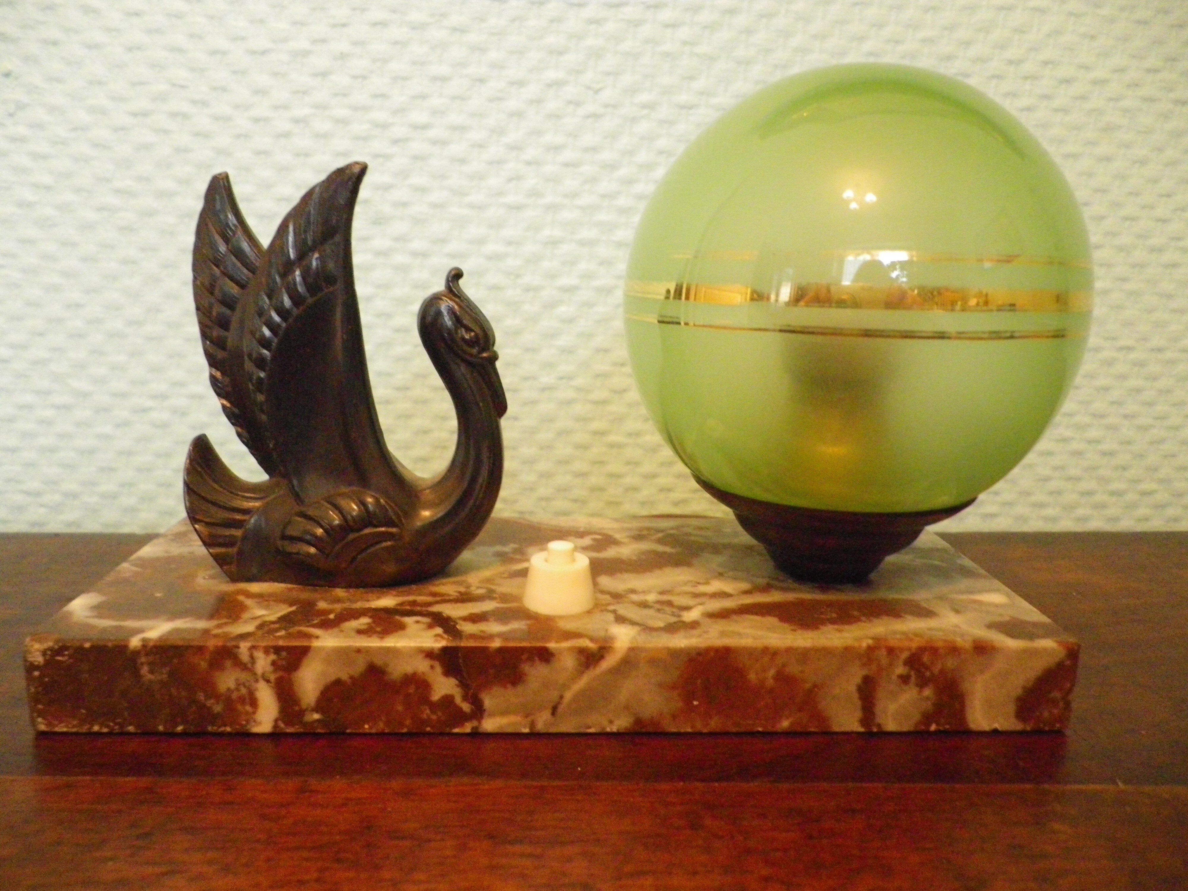 Table lamp, art deco, opaline, marble, bronze patinated metal, 30s/40s