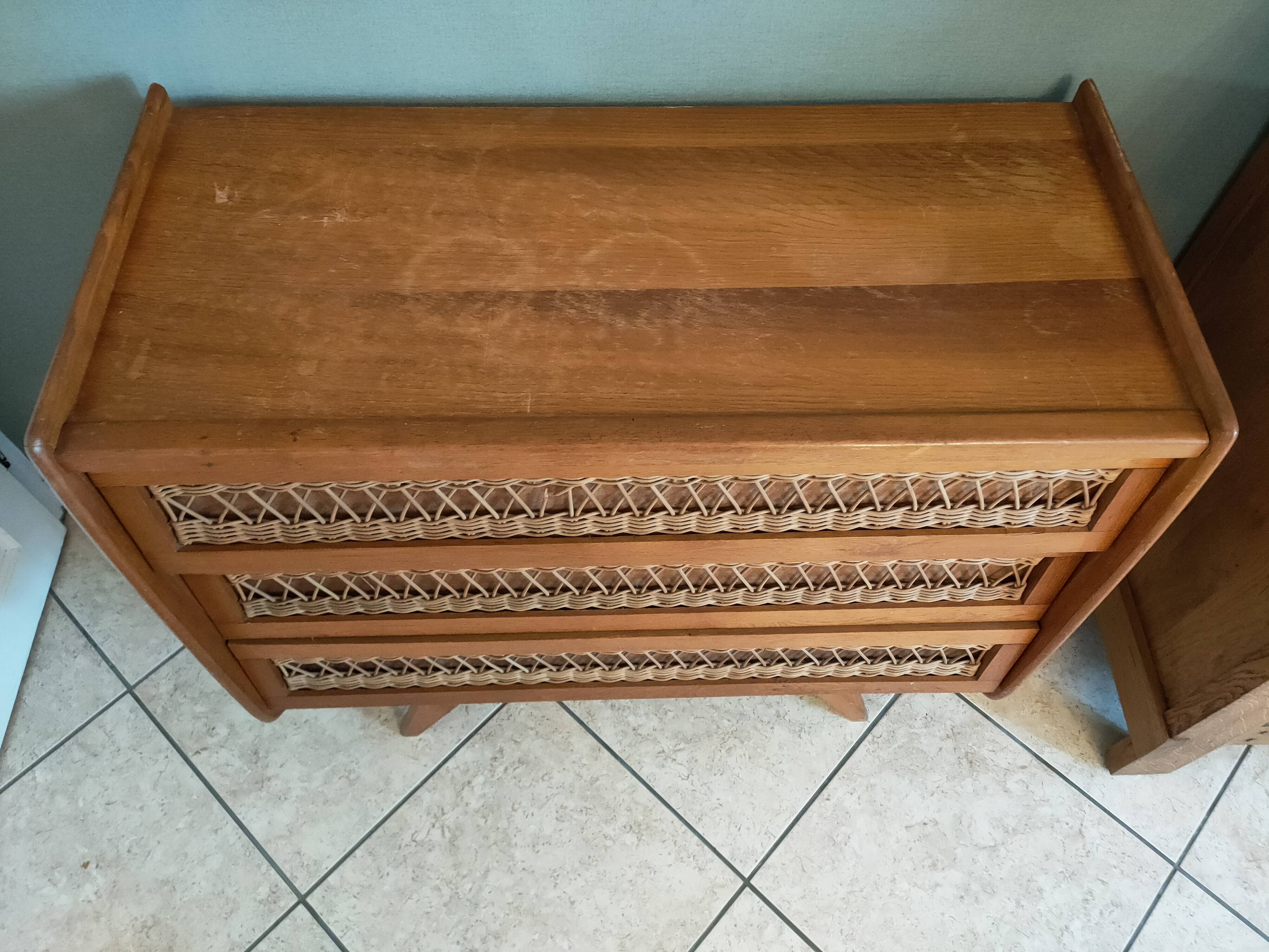 Vintage rattan and oak chest of drawers from the 1960s