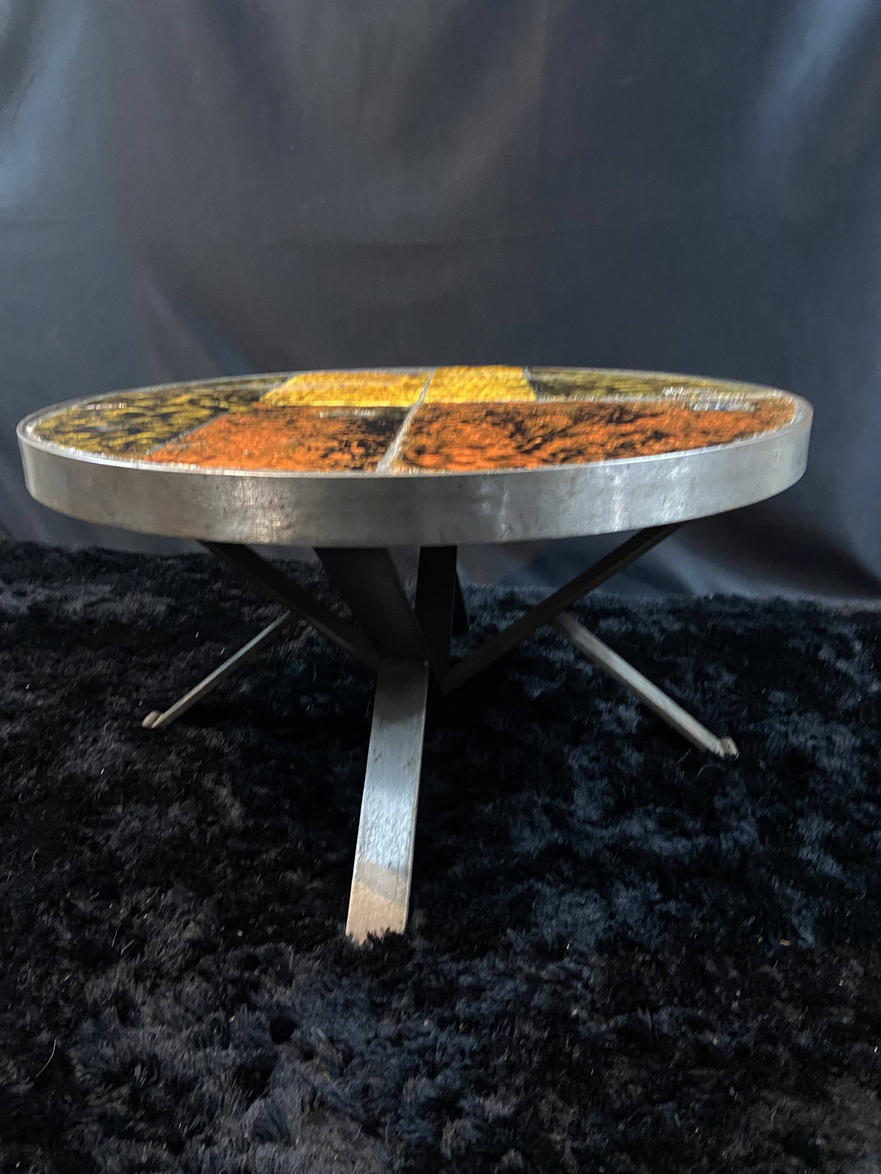 Roche Bobois coffee table design 1960-1970 ceramic top on metal.