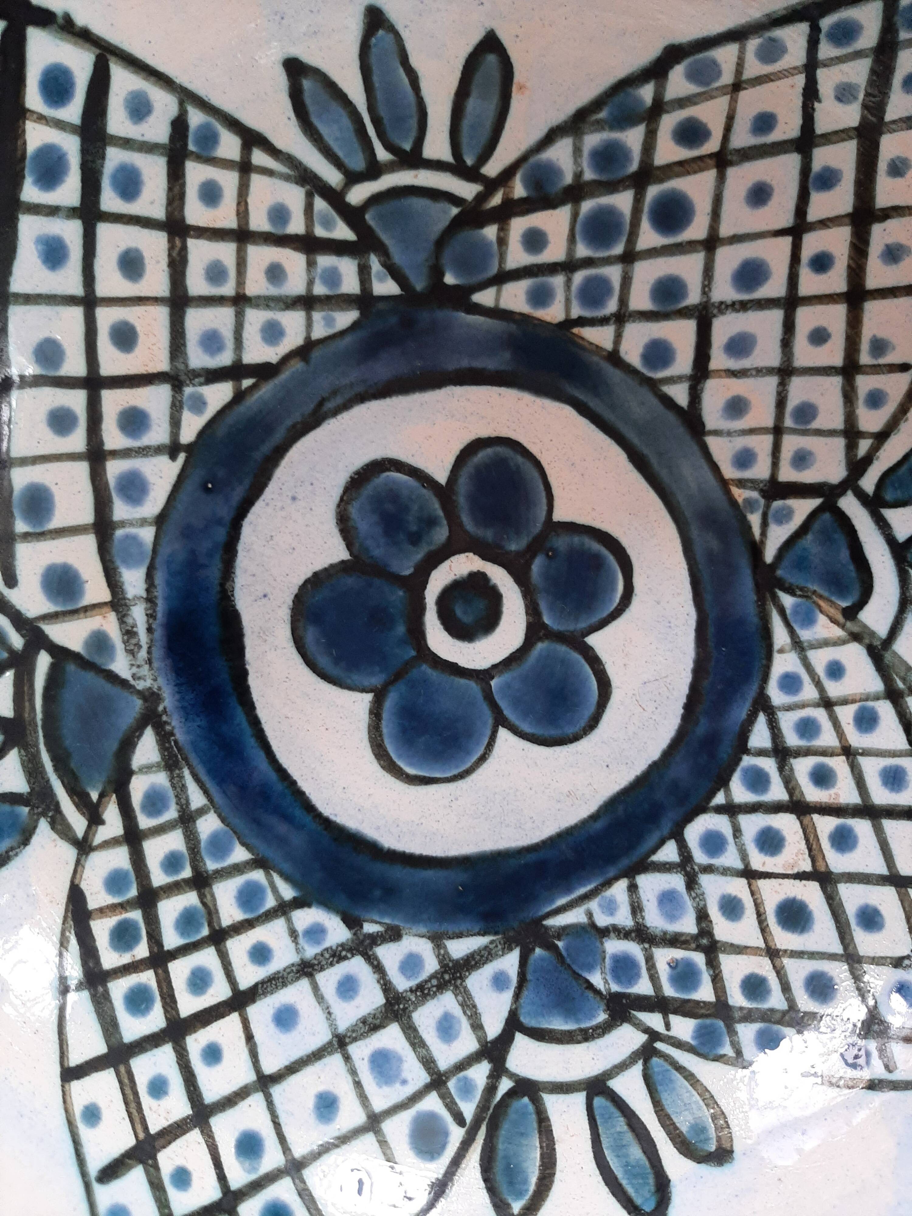 barbotine style salad bowl with blue floral pattern