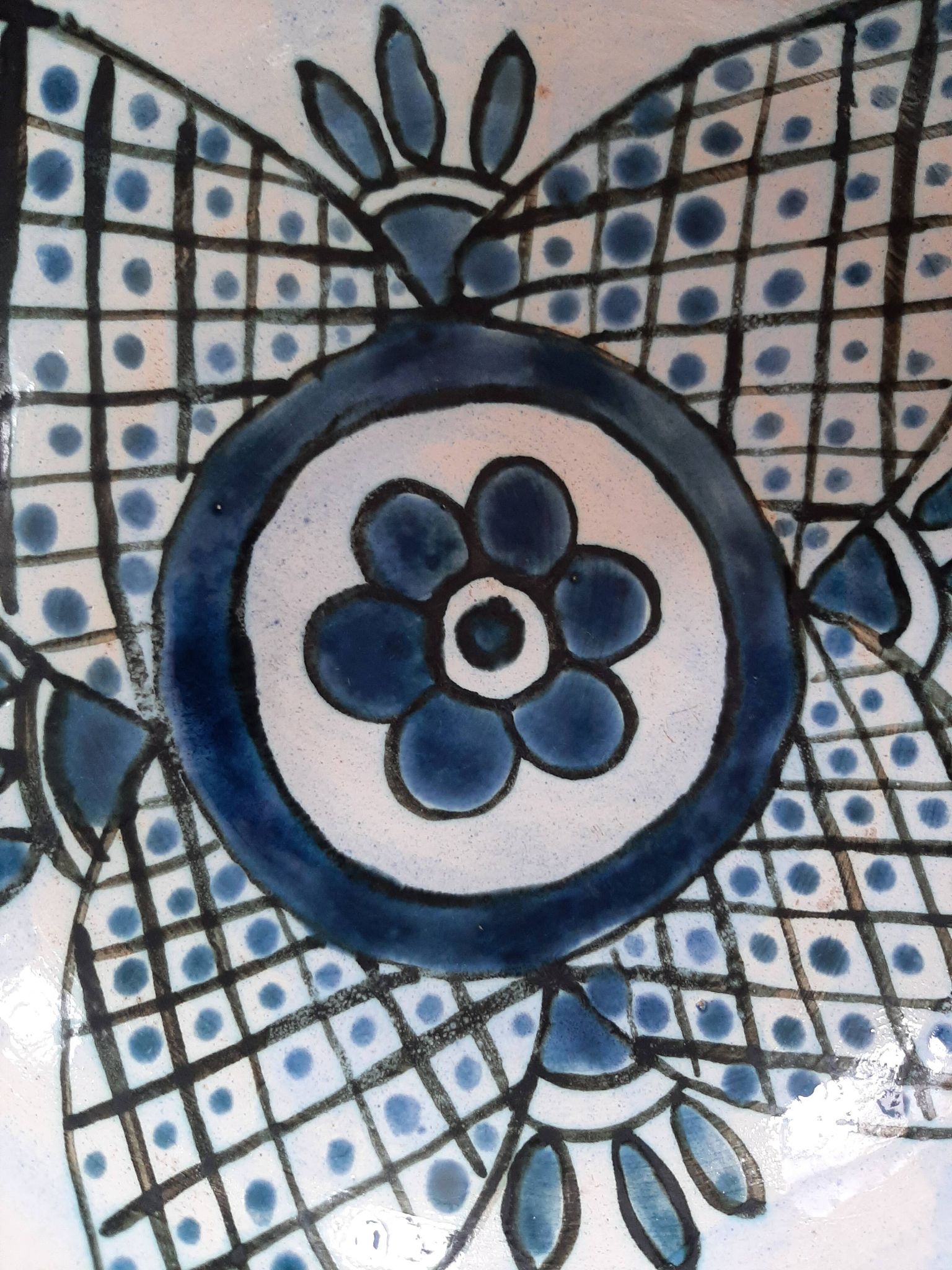barbotine style salad bowl with blue floral pattern